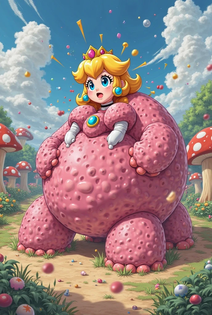 best quality, (kawaii:1.1), (cute), (high resolution:1.2), incredibly fine illustration BREAK 1girl, milf, bimbo, toadette, stuffed, obese, blob, gigantic belly, wide hips, busty, sweating, blushing, happy, cream, pastries, castle