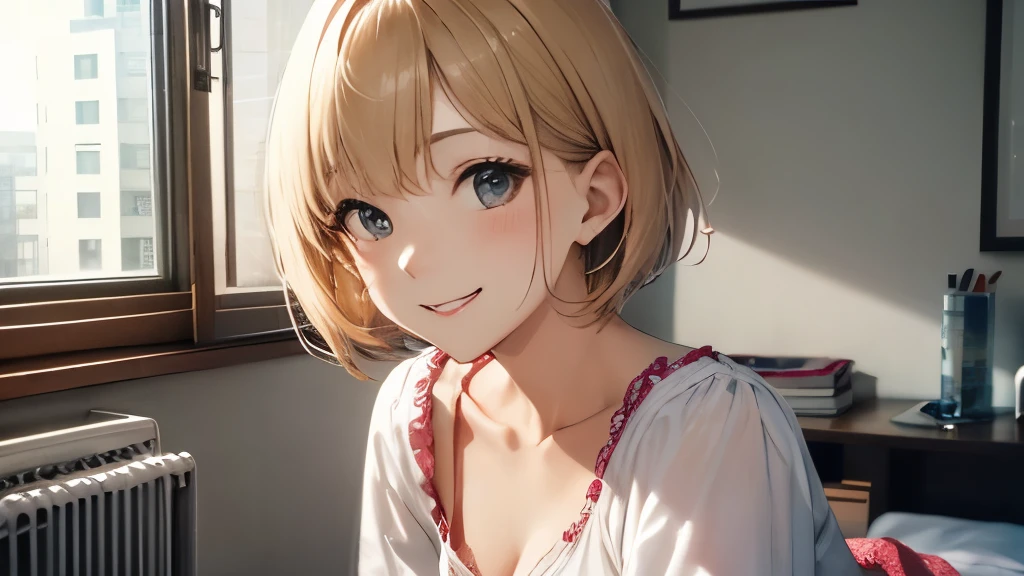 close up of face、blonde、short hair、girl1、stretch both hands forward、Open your mouth and laugh out loud、prom dress、room