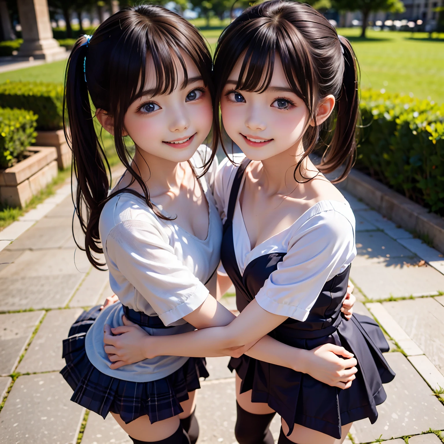 Masterpiece, top quality, high resolution, anatomically correct, ultra high definition. Park with flower garden. Blue sky. Beautiful lawn. Two beautiful girls. They are two beautiful Japanese women. They are as beautiful as goddesses. They have a mysterious atmosphere. They are good friends. They have well-defined faces. They have beautiful blue eyes. They have big breasts and beautiful legs. They wear hair ornaments. They wear necklaces and earrings. (They have blonde or silver hair.) (They are wearing twin-tails or side-tails.) ((They are both wearing off-the-shoulder blouses)). ((They are wearing tiered skirts)). ((They are wearing black knee-high socks)). They are wearing boots. ((They are smiling and smiling)). ((They are hugging)).