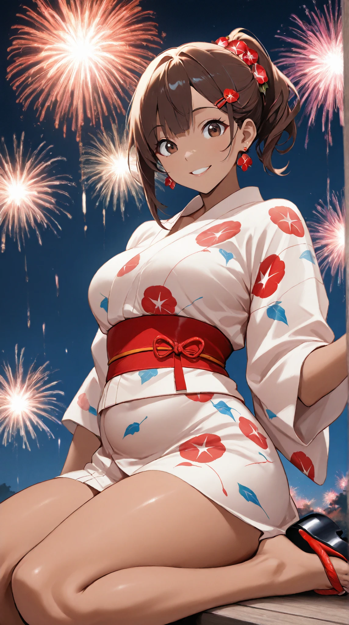 masterpiece, Highest quality, Mari Illustrious,Dark brown hair, One girl,Beautiful Eyes,yukata,Spread your legs,sexy,Fireworks display