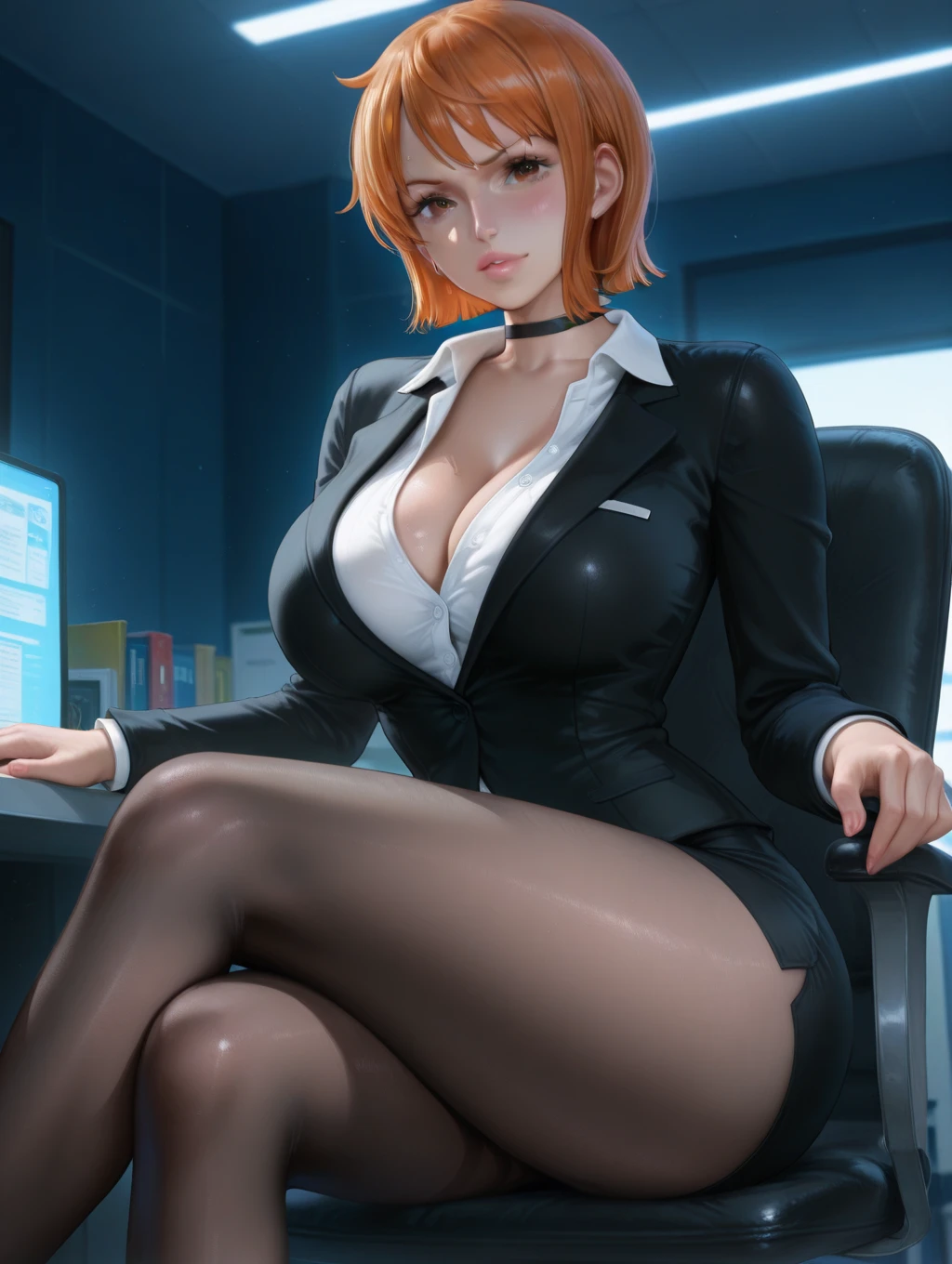 (masterpiece, best quality:1.2), 1girl, solo, sitting, office chair, desk, computer, coffee mug, short hair, large lips, bangs, blonde hair, brown eyes, large breasts, blue shirt, labcoat, pencil skirt, earrings, mole under eye, makeup, lipstick, red lips, legs crossed, leaning over,
