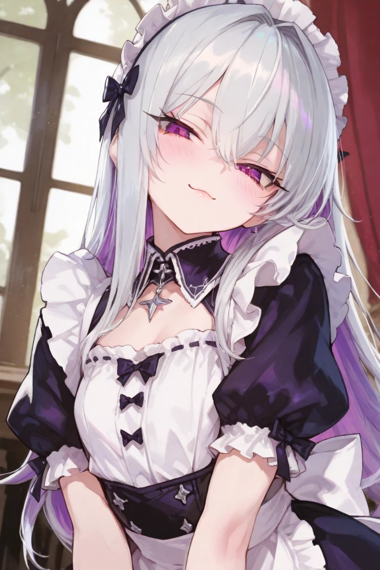 Close up portrait of woman in dress in white and black dress、Gothic Otome anime girl、anime girl wearing a black dress、Cute anime waifu in a nice dress、Anime girl in maid costume、Elegant Gothic princess、guweiz、Gwaits at Pixiv Art Station、Gwaitz at Art Station pixiv、beautiful anime girl、red blush