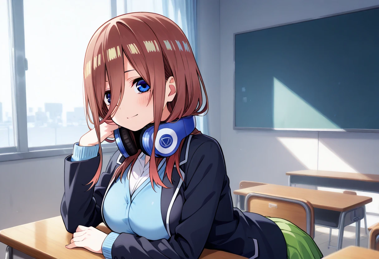 {{{masterpiece}}}, {{{best quality}}}, {{ultra-detailed}}, {illustration}, {{an extremely delicate and beautiful}}, (beautiful detailed eyes:1.6), extremely detailed face, 16k, anime face, Nakano Miku(Gotoubun no Hanayome), cute face, long hair, bangs, blue eyes, brown hair, hair between eyes, large breasts, thin waist, big hips, curvaceous, shirt, headphones, cardigan, headphones around neck, , skirt, shirt, long sleeves, white shirt, pantyhose, pleated skirt, black pantyhose, cardigan, green skirt, blue cardigan, black jacket, open jacket, thighs, zettai ryouiki, BREAK ,1girl, cowboy shot,, open mouth, kyoushitsu, classroom, indoors, school chair, school desk, chalkboard, window, ceiling light, curtains, smiling, peer in from below, looking at viewer, daytime, sit on the desk, spread legs, smiling, flushed cheeks