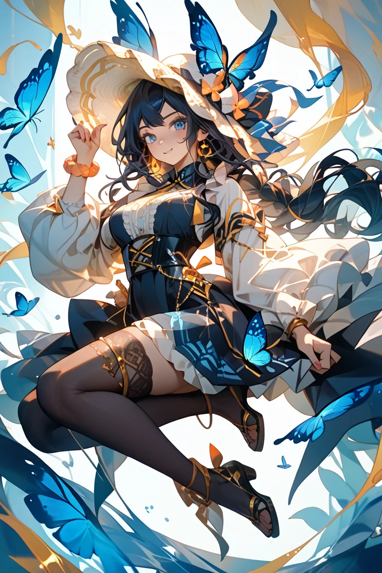 flat color,1girl, solo, black hair, dress, long hair, flower, orange flower, floating hair, blue eyes, elbow gloves, white background, strapless dress, yellow flower, strapless, gloves, ribbon, hair ornament, high heels, orange ribbon, hair flower, bare shoulders, full body, simple background, white dress, blue footwear, yellow dress, parted lips, skirt hold, bare legs, yellow ribbon, bow, orange dress, white gloves, orange bow, bangs,<lora:Kaisen:1>