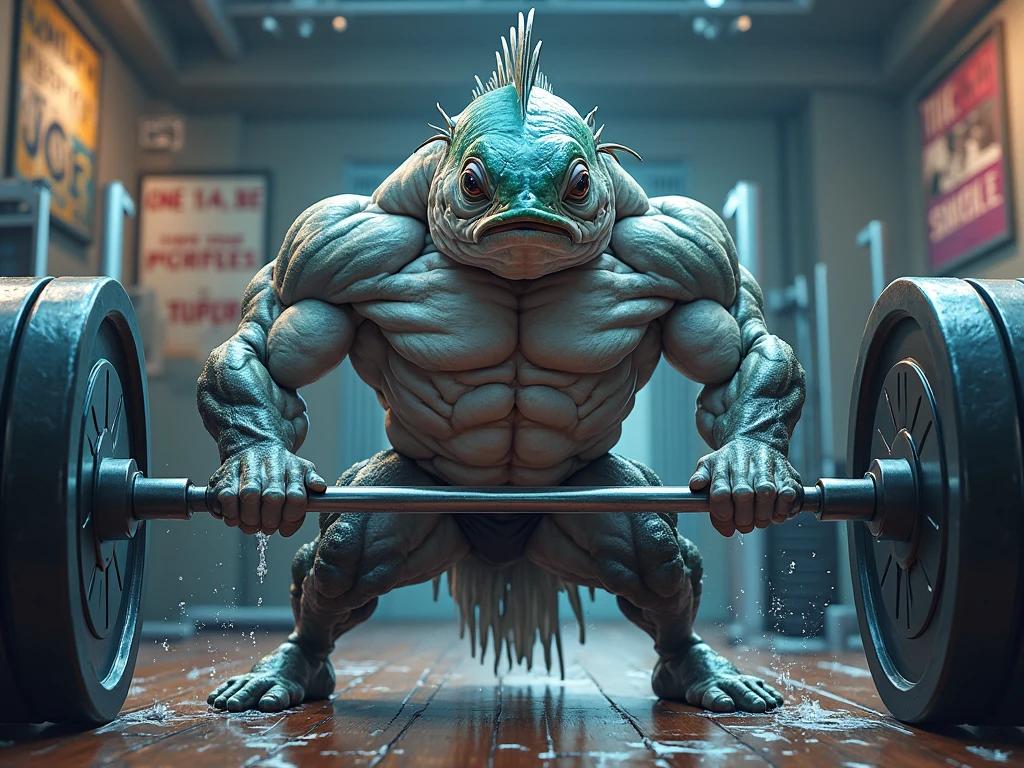 make a fish doing bodybuilding 
