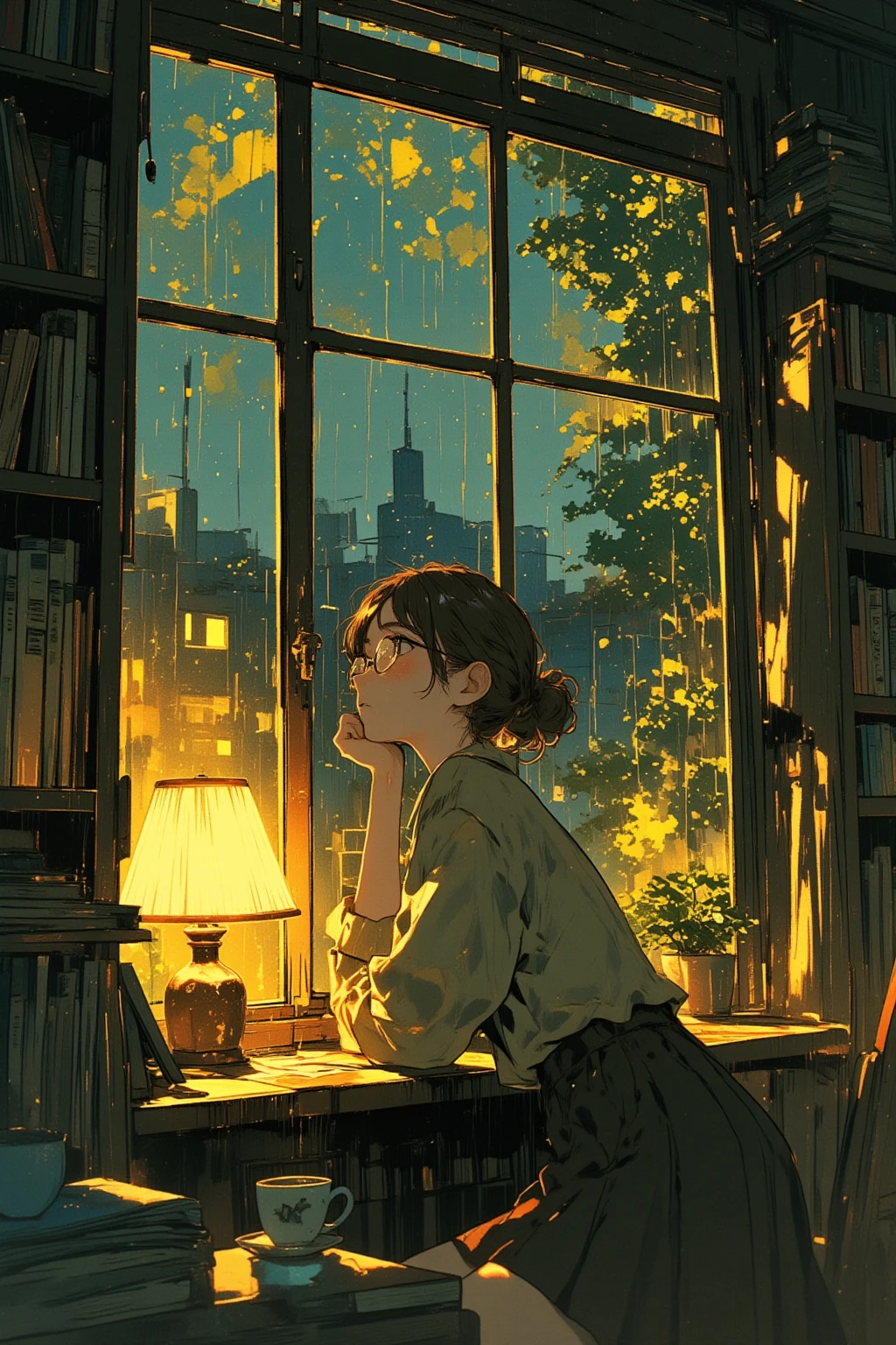 viewed from outside through a rain-streaked window, looking clearly into a warmly lit room where a woman with round glasses sits by the window,  
she is inside the house, resting her chin on one hand, gazing outward with a quiet and melancholic expression,  
her figure is softly illuminated by an indoor lamp beside her, surrounded by bookshelves and a teacup on the table,  
the glass shows only the inside of the room through the rain, with no sky or outside elements visible inside the frame,  
reflections of soft yellow light shimmer faintly on the window surface, rain running gently down the outside,  
illustrated in a picture book style with thick lineart, soft watercolor textures, gentle color bleeding, and a warm paper texture, calm and introspective mood, illustration style