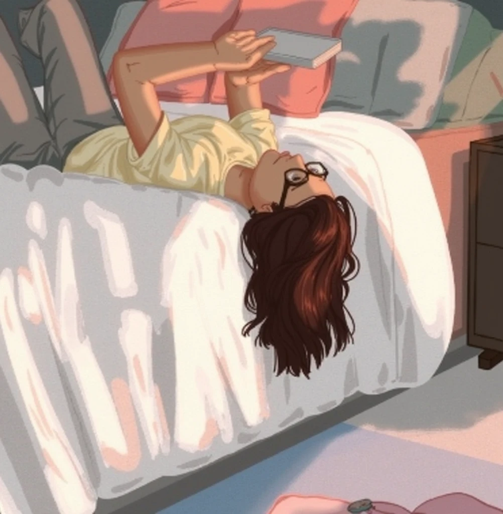 1 girl lying in bed looking at mobile phone screen, sozinha, pensive expression