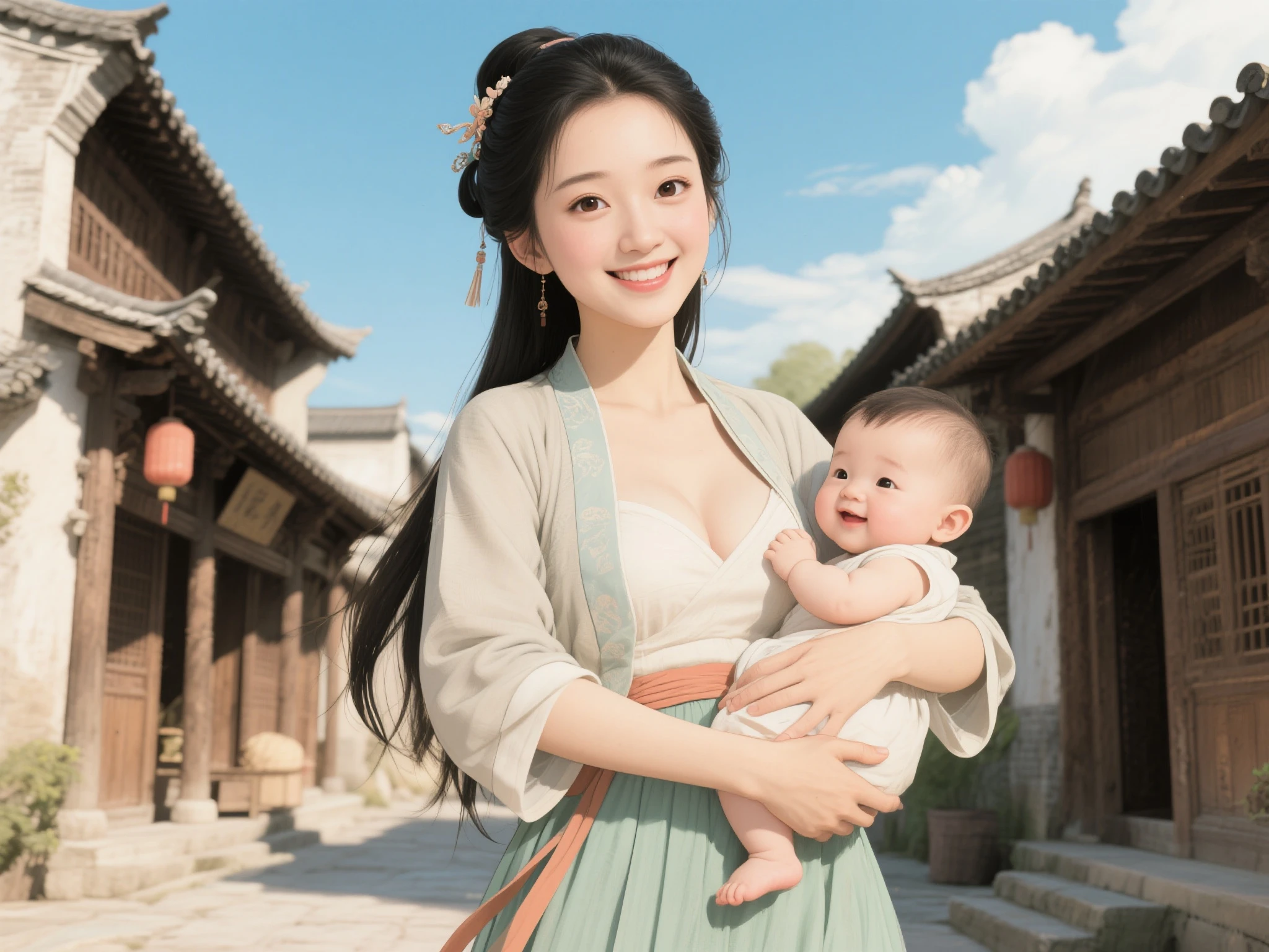 {{masterpiece, best quality, Extremely detailed CG, Unity 8K wallpaper, light}}, Traditional Chinese ink painting, 1 Girl, 1 baby, Young woman holding a baby, whole body, Ancient buildings, Blue sky, sunny, Wooden construction, Prominent protagonist, Smile, big eyes, Beautiful and delicate eyes, (Large Breasts, cleveage), Round butt, Looking at the audience, Long eyelashes,