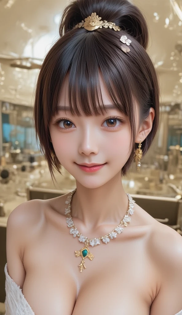 closeup shot , Best picture quality (8K, high resolution, Masterpiece: 1.2), super detailed,  215 Short Hair, 16-year-old woman, 

situation: A scene of her attending a large gala party。
clothing: Gorgeous evening dresses（Dresses decorated with beads and sequins、Floor-length dress）。Hairstyles include updos and curls。
angle: With a luxurious hall as a background、A wide angle shot of people enjoying the party atmosphere。Scenes of people dancing on the dance floor、A close-up of a smiling couple holding champagne。It also displays gorgeous decorations and lighting.。

Close-up of face 

, random cute pose ,big eyes ,Puffy eyes ,  Heart Pupil, blush  , huge shy smile , salute
