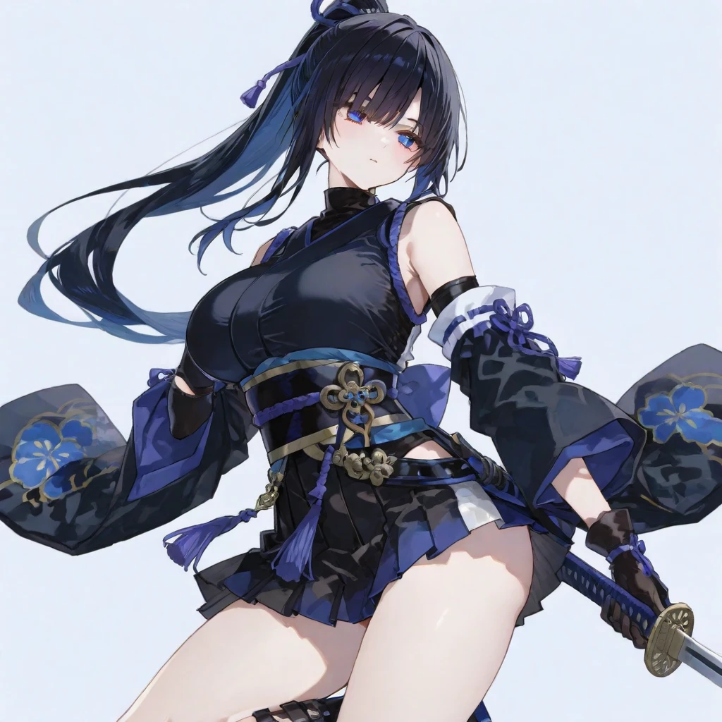(masutepiece:1.2, Best Quality), 1 girl in, Blue eyes, jet-black hair, Pink inner hair, blue military uniform,(Gray white background),Full body,Big Breast,Sword,