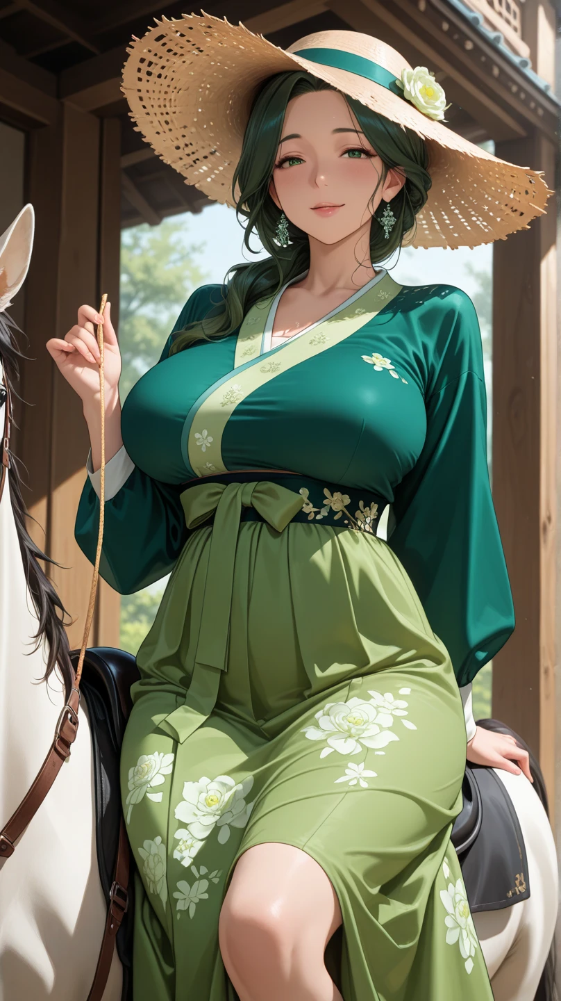 A tall girl big breast beautiful sensual beauty light green emo hair short cut her red eye wears green top under long white shirt and a long green skirt white dress cute