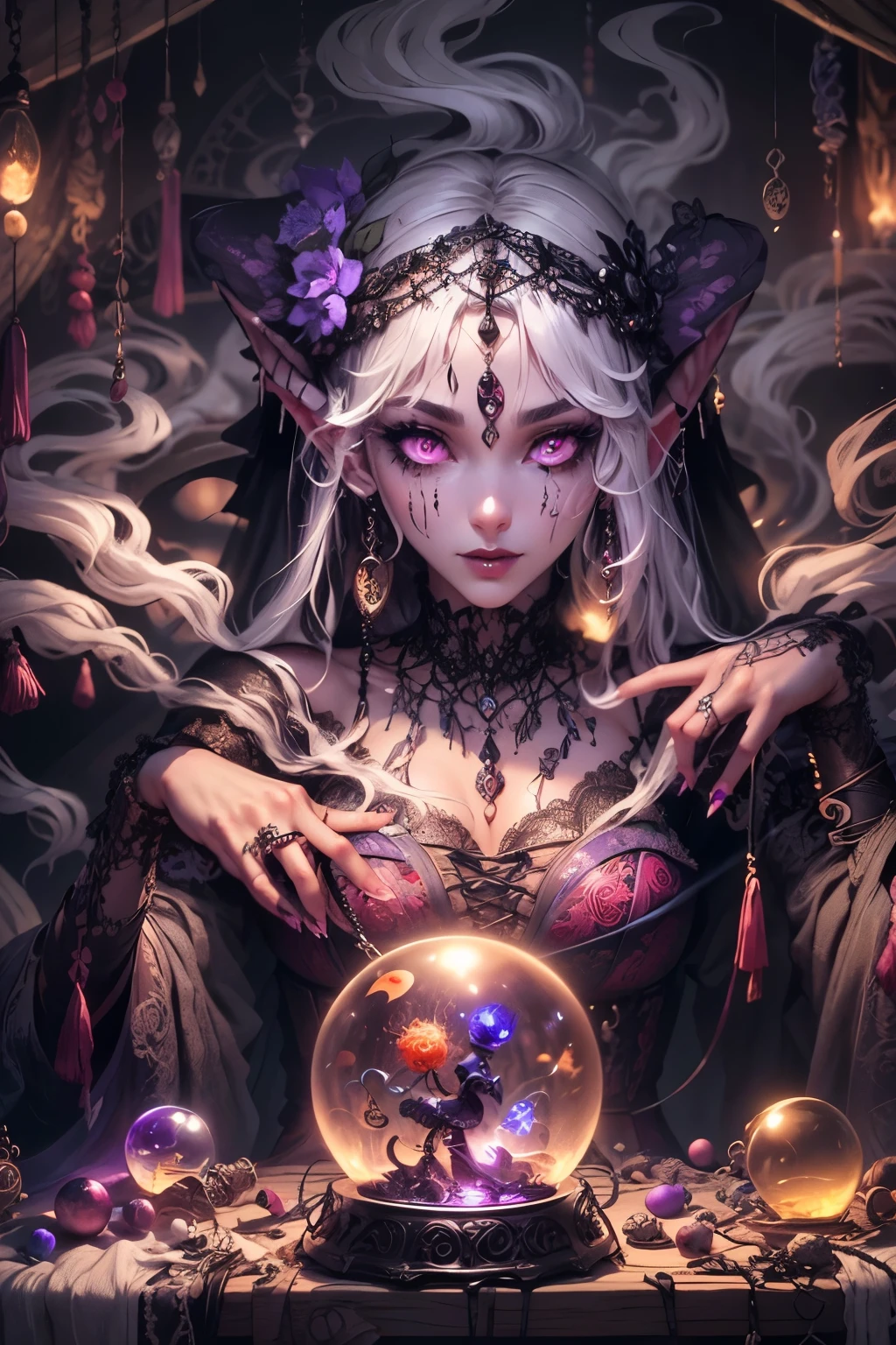 (Ultra-detailed face, Looking Away, Gothic Illustration, Dark Tone Colors.) , BREAK
(A medieval gypsy mystic's fortune-telling room. Dark, purple smoke of incense wafts in the air. A dark elf woman fortune teller manipulates a puppet in a crystal ball on a desk with glowing red threads extending from her hands. She has a lace veil, and an old-fashioned belly-dancing lace-up dress. Lots of charms. Secretive expression. A viewpoint looking up at the woman from below.) , BREAK
(The female dark elf has white hair and white eyebrows, crisp bangs, long wavy hair to her waist, small pink lips, lavender eyes, dark purple skin, and dark eyeliner.)