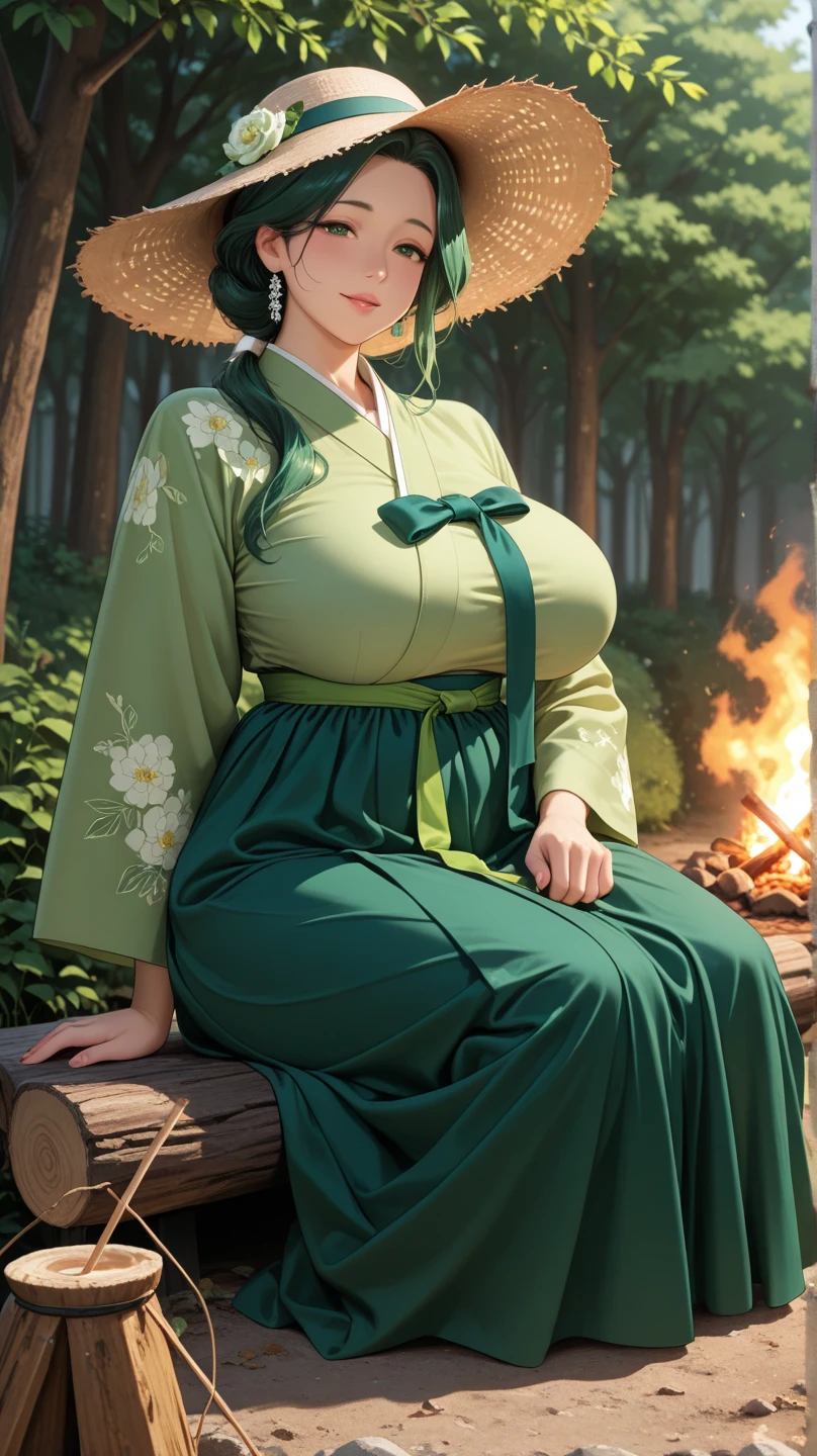 masterpiece, highest quality, High resolution, st1, Green Sweater, Braiding, hair ornaments, Black Skirt, (Big Breasts:1.5), Long skirt, , Cowboy Shot, Are standing,Pregnant women