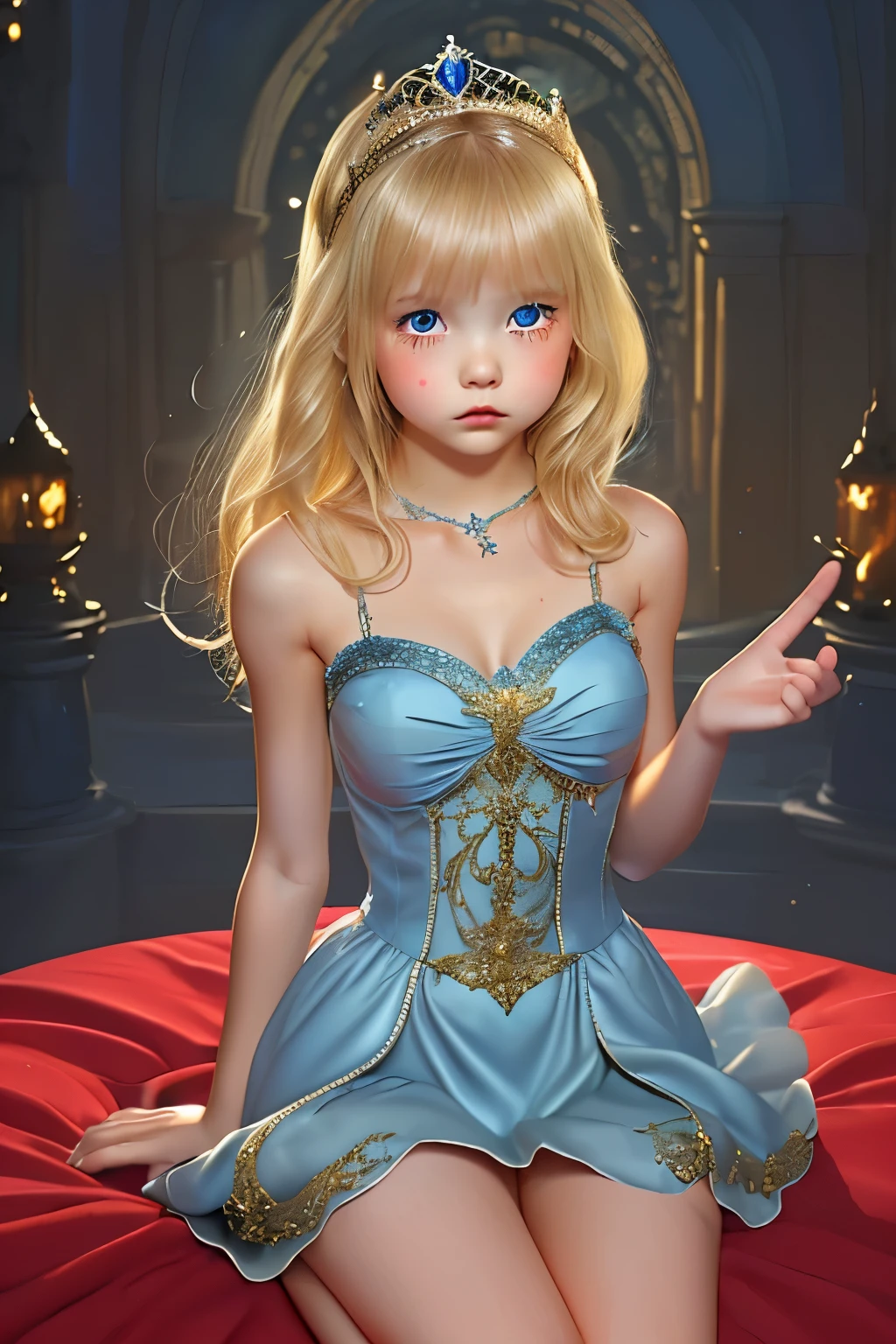 Little young girl, blonde hair,cute,fantasy,  gorgeous blue dress ,tiara,red carpet,city,princess,young girl,evening,upper body,Sad,tears,is young,lies in bed,tight dress,thighs