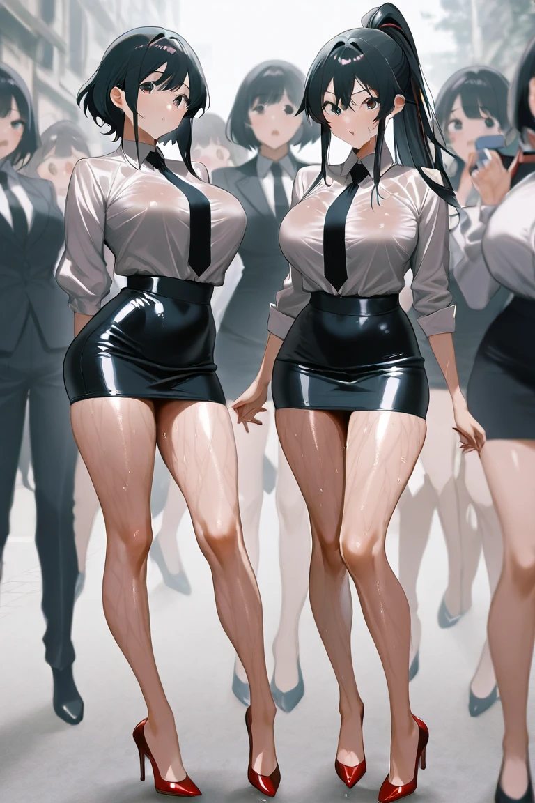 (masterpiece) (high Res), (robot), (Perfect face), (perfect anatomy) woman in super tight clothes, (office suit), (mini skirt), shirt, tie, blue glowing eyes, huge breast, narrow waist, wide hips, thick thighs, metal body, silver skin, silver hair, red lipstick, black high heels, from behind