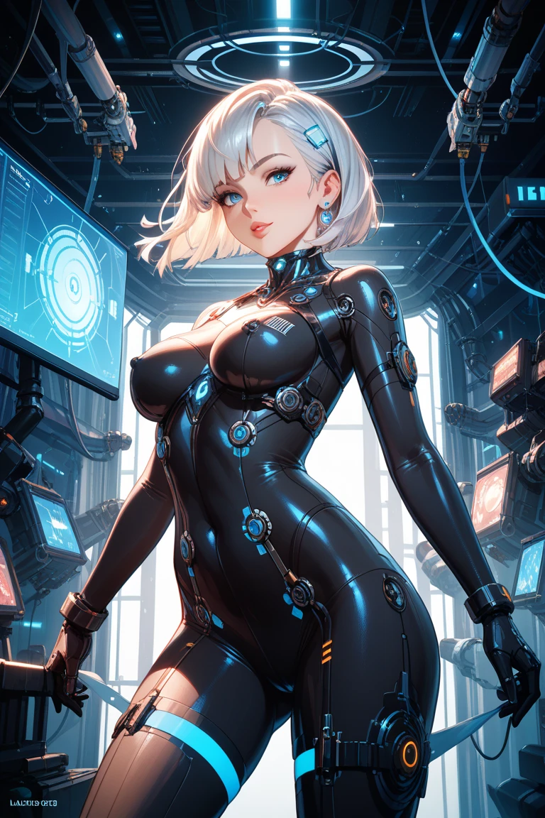 Milf, woman in a futuristic suit, highly detailed face, cool, mom, tomboy, very large breast, (Milf), mature face, (mature female), cybersuit, anime girl wearing tight suit, milfication, Elegant body, navel focus, naked body, gloves, earrings, science fiction, female protagonist, standing, volumetric light, detailed lighting, detailed textures, oppai cyberpunk, biomechanical oppai, masterpiece, best quality eyes, sci-fi background, futuristic landscape, low angle, (smooth surface), (simple body suit)