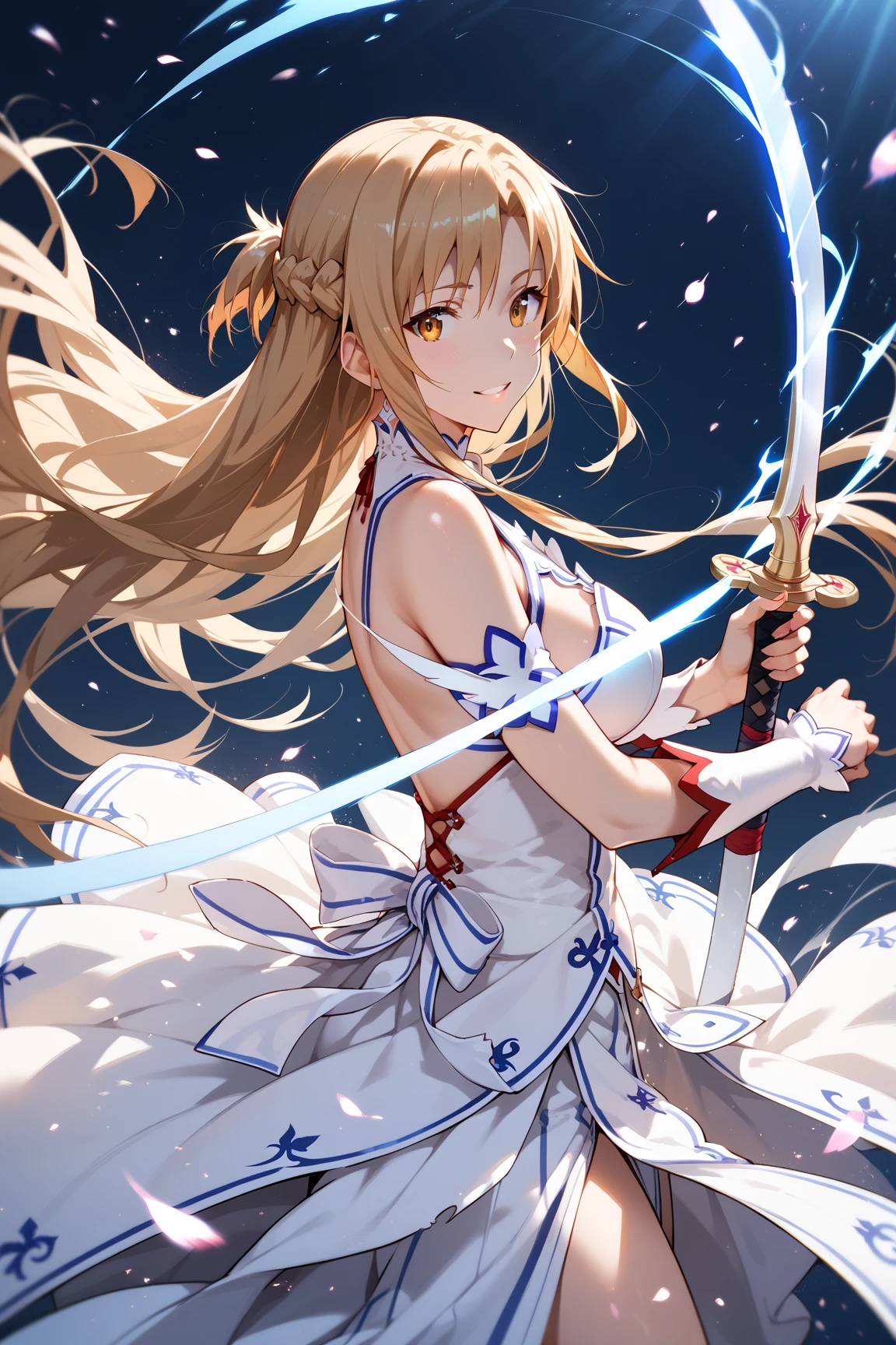 Score_9, Score_8_up, Score_7_up, Score_6_up, Score_5_up, Score_4_up, 

Asuna Yuuki - Sword Art Online,　beautiful female swordfighter in a dynamic battle pose, anime style, elegant and fluid sword motion, cinematic composition, glowing sword slash effects, long flowing hair in motion, expressive face, delicate yet intense expression, fluttering and battle-torn outfit, high-resolution details, soft lighting with dramatic highlights, scattered energy particles, immersive background with motion blur and flying debris, high-definition rendering, stylish and ethereal atmosphere, graceful movement, inspired by high-end Japanese animation
