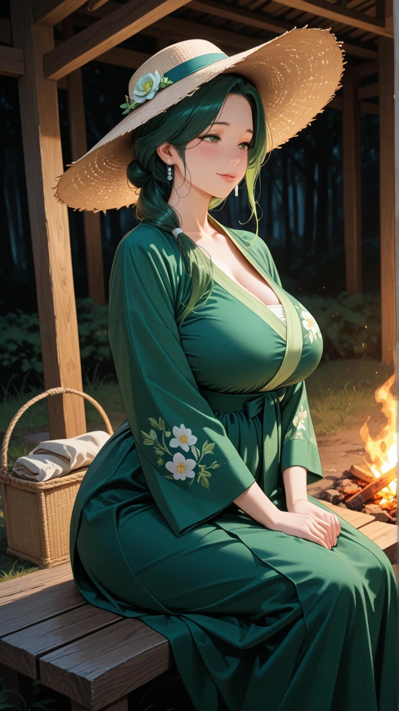 (masterpiece), best quality, expressive eyes, perfect face, front lighting, (outside japanese garden background), (standing), (happy face), (cleavage view), (1girl, milf, Scarlett Johansson, fair skin, face freckles, red hair, medium length hair, braid hairstyle, green eyes, hourglass figure, thin body, skinny body, petite_body, medium breasts, wide hips, thick thighs), (traditional japanese aqua-green kimono dress, aqua-green kimono dress, strapless, long sleeve, exposed cleavage, jewelry, necklace, bracelets, earrings),