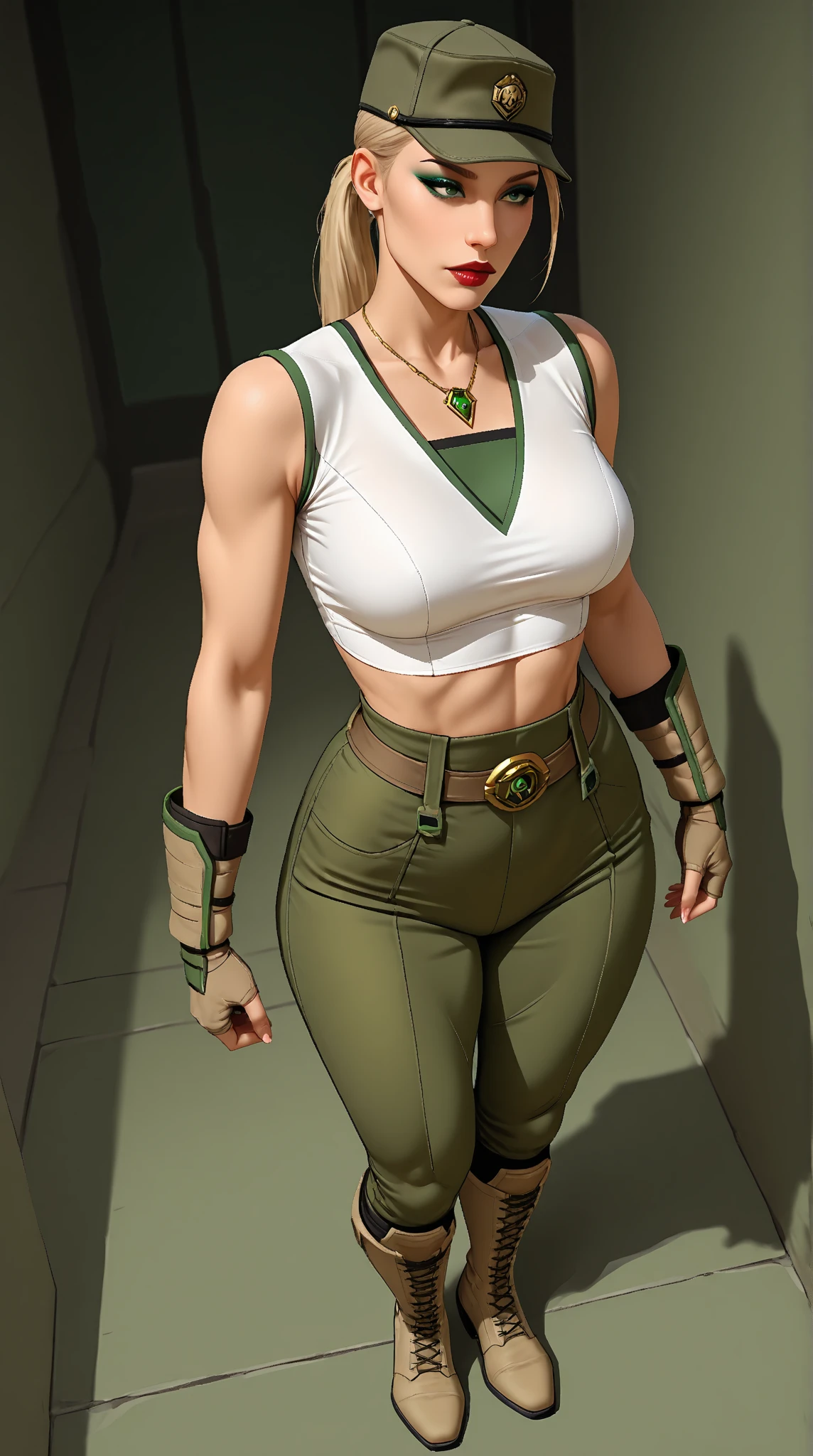 ((Laura Marano)) as ((Sonya Blade)), (black ponytail), wearing green and white suit, ((photorealistic), realistic face), beautifully detailed woman, realistic face, detailed mouth, extremely detailed eyes_and_face, beautiful attractive face, beautiful detailed eyes, (photorealistic), pronounced feminine feature, perfect fit body, smooth skin, dynamic posing, toned body, flat belly, perfect feminine hands, color HD photo, autochrome, (full-body shot, high quality photo, masterpiece), HDR, 8K resolution, analogue RAW DSLR, best quality, absurdres, vivid vibrant colors, skin pores, intricate detail, (intricately detailed face_and_eyes), realistic human hands, sophisticated detail, (realistic lighting, sharp focus), centerfold, bokeh, official art, 8k wallpaper, ultra high res, professional photography