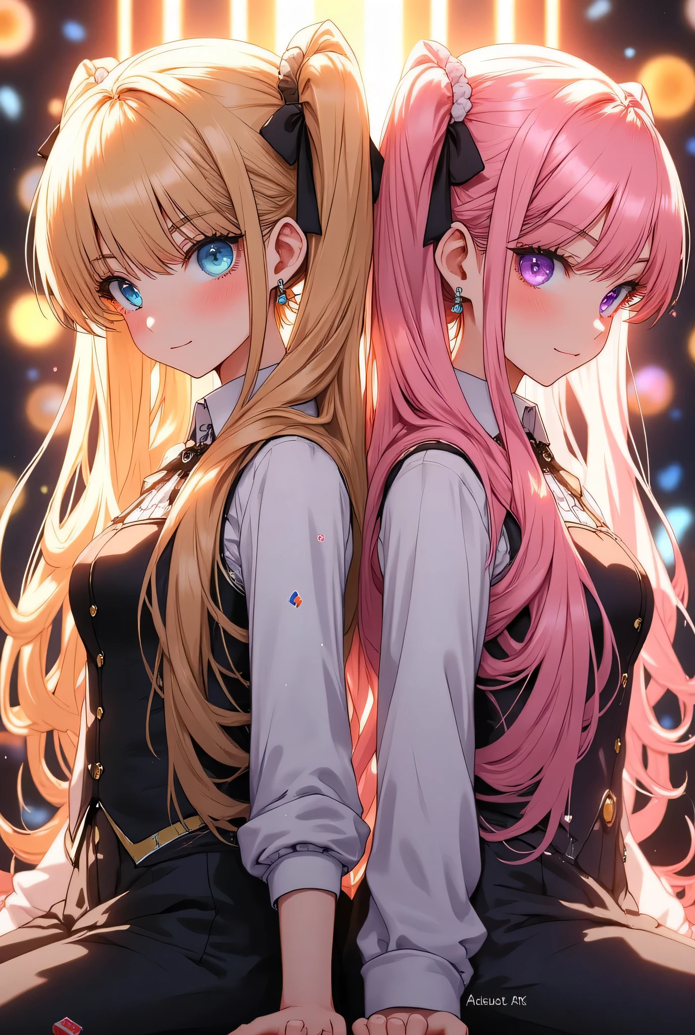 (EyesHD:1.2), masterpiece, best quality, ultra-detailed, very aesthetic, sharp focus, depth of field, vibrant colors, ray tracing, best lighting, detailed illustration, detailed background, cinematic, beautiful face,beautiful eyes,
master piece ,best quality ,amazing quality ,
2 girls, twintails, long hair, blonde hair, blue eyes, black ribbon, dealer, collared shirt, necktie, vest, smile, reaching,
2 girls, twintails, long hair, (platinum blonde hair:1.1), pink hair, purple eyes, crossed bangs, hair scrunchie,(tsurime:0.6),expressionless, dealer, collared shirt, necktie, vest, holding card,
(2 girls, back to back:1.2), from side, casino, falling card, coin, cinematic lighting, chromatic aberration, depth of field, masterpiece, best quality, very aesthetic, absurdres, ultra detailed, UHD, 8K, highly detailed, newest, cetus,