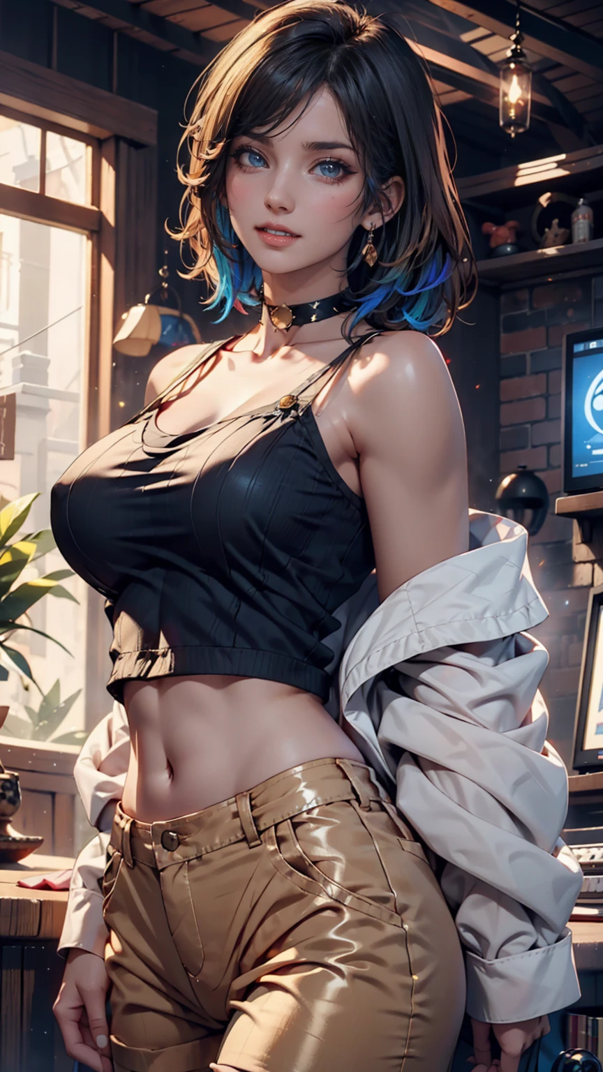 (((One girl))), blond hair, Wavy Hair, bob cut, (cowboy shot), (looking at viewer), ((black naked jacket:1.3, sleeves past wrists)), (((oversized))), cleavage, face in focus, ager, head tilt:1.3, (((blue eye))), ((sunglasses)), ((happy smile)), ((blush)), contrapposto, one hand on hip, black panties, anime style, (best quality, 4k, 8k, highres, masterpiece:1.2, ultra-detailed, ultra-detailed eyes, HDR, UHD, studio lighting, ultra-fine painting, sharp focus, physically-based rendering, extreme detail description, professional, vivid colors, bokeh)