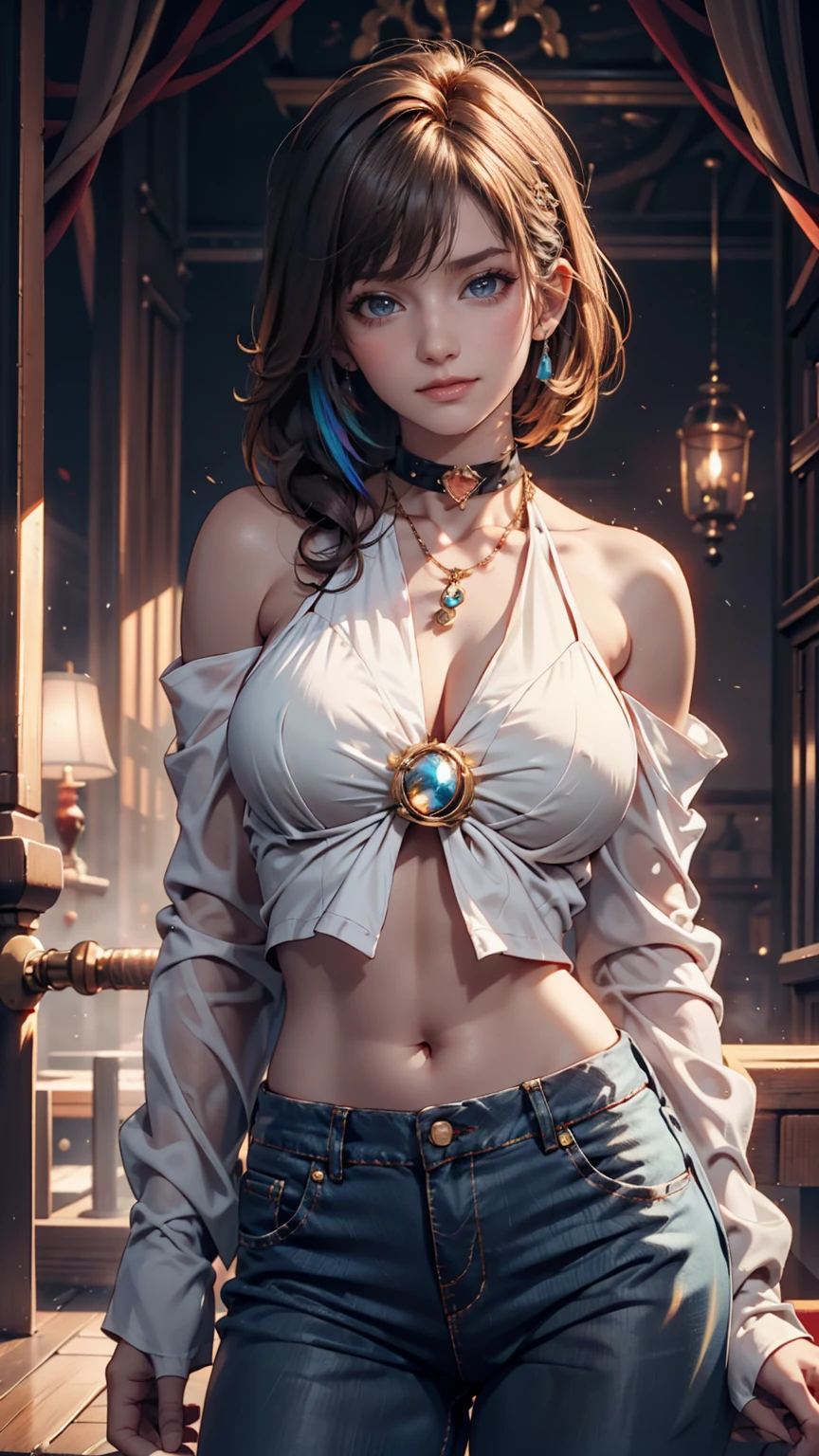 Anna of Arendelle, black shirt, white tank top, blouse, cleavage, collarbone, denim, denim shorts, jacket, long sleeves, ((open clothes)), open jacket, partially unzipped, blue jacket, shirt, short shorts, shorts, tank top, track jacket, unzipped, ((large breasts, big hips, tight clothes, cleavage, looking at the viewer)), (abs:0.8), BLUSHED, UNDERBOOB (realistic:1.2), (realism), (masterpiece:1.2), (best quality), (ultra detailed), (8k, 4k, intricate),(85mm),light particles, lighting, (highly detailed:1.2),(detailed face:1.2), (gradients), colorful,(detailed eyes:1.2),(detailed background),detailed landscape, (dynamic angle:1.2), (rule of third_composition:1.3), (Line of action:1.2)