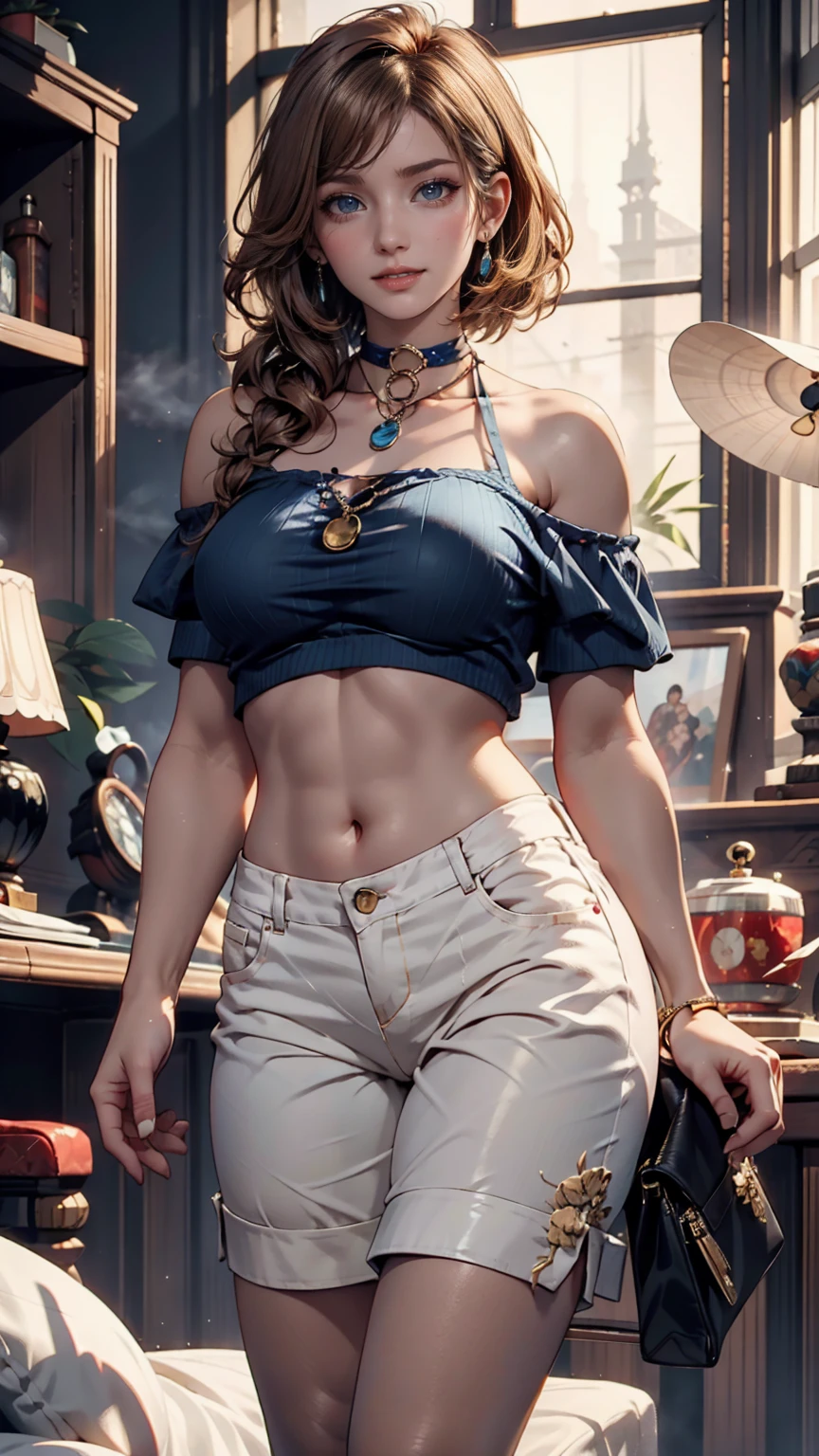 Very beautiful Nami (one piece), Subtle makeup, Moneyen hour, Realistic, High Contrast, 8K HD, detailed, hyper-detailed, Realistic skin texture, orange long hair, Bikini top only, Blue pants, Large Breasts, highest quality, Ultra-high resolution, RAW Photos, Dramatic lighting, Unreal Engine, Diffuse Light, Outdoor, realistic detailed onep piece pirate ship, Treasure Chest, Money, Money coins, Money bars.