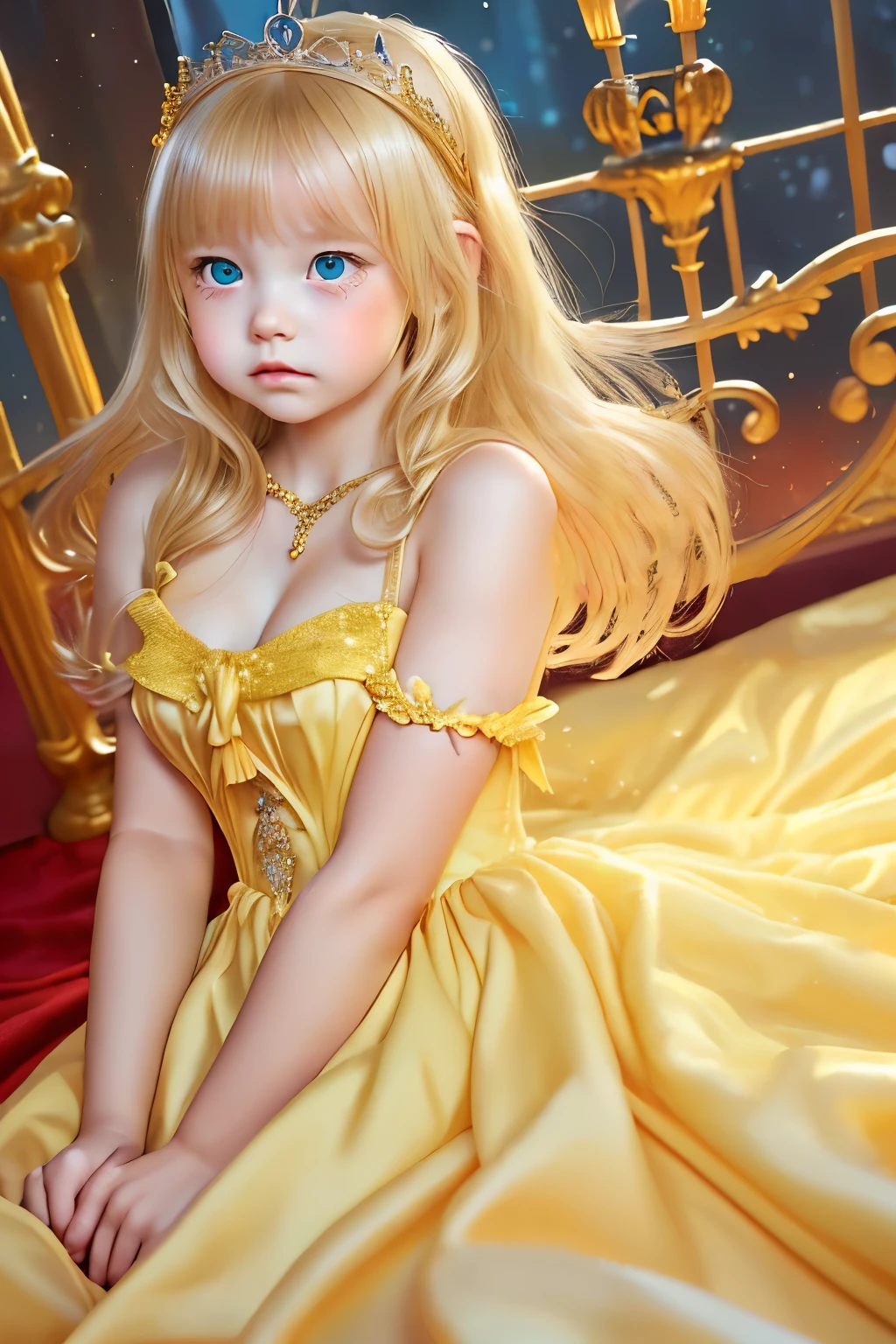 Little young girl, blonde hair,cute,fantasy, gorgeous yellow dress ,tiara,red carpet,city,princess,young girl,evening,upper body,Sad,tears,is young,lies in bed,tight dress,thighs