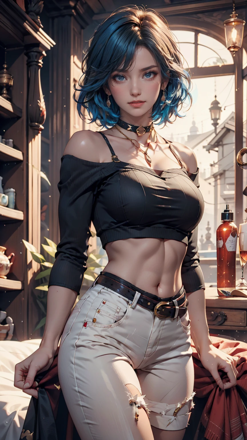 "Full body shot of a girl with blue hair, styled in a bold and edgy fashion. She’s in a trendy coffee shop, casually seated at a wooden table with a latte in front of her. The background features the cozy, eclectic decor of the coffee shop, with warm lighting and quirky decorations. Skin color bra, ripped skinny jeans, and bare veiny feet with blue nail polish. Bare shoulders, fit body,veiny shoulders,veiny arms,abs. Her expression is confident and cool, reflecting her unique style and personality."