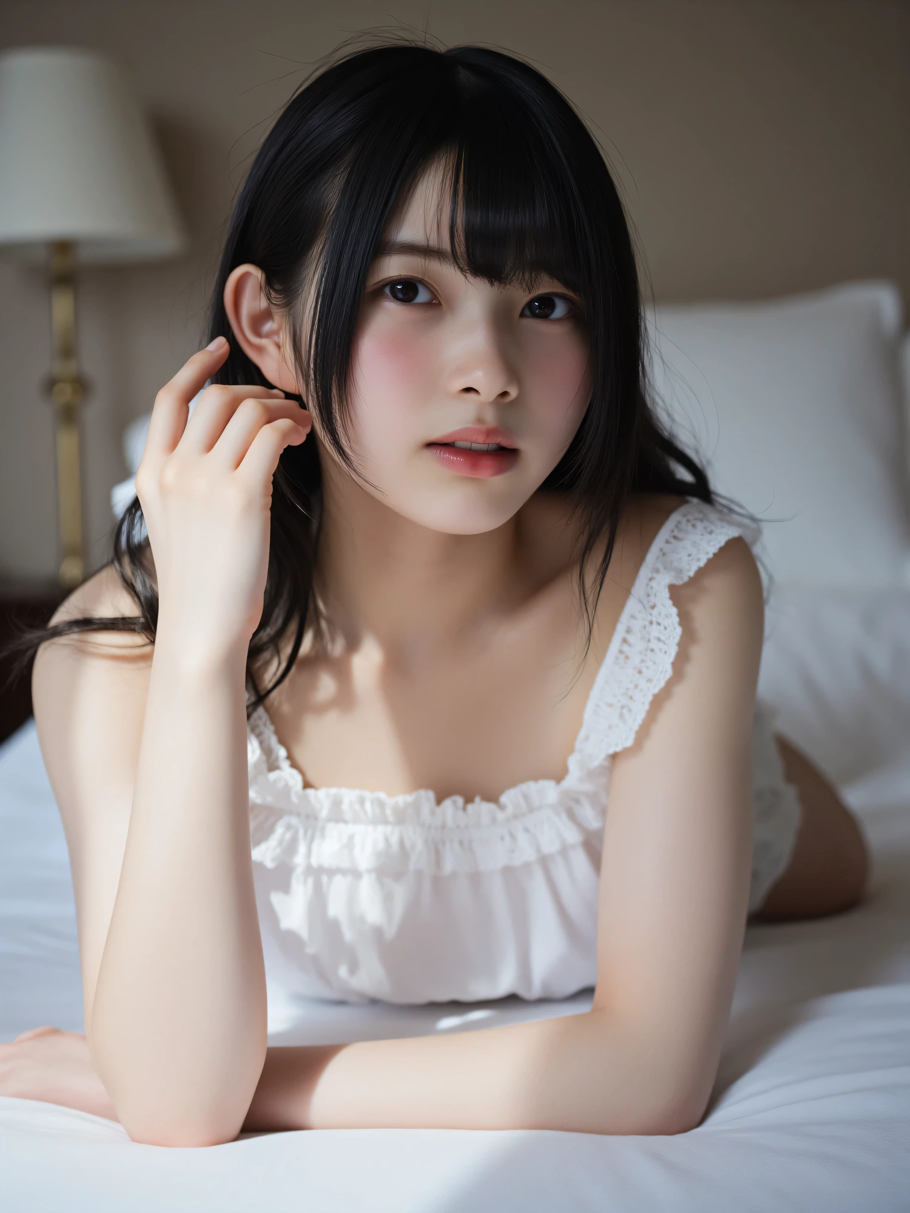 (8K, best quality, masterpiece: 1,2), (actual, Photos are real: 1.37), Super details, a girl, ), (Very detailed), (beautiful and delicate eyes), (best quality ), (Super detailsed), (masterpiece), (Detailed face), 20 years old, 1 girl, whole body, black hair, medium length hair, extra large breasts, disheveled,Black lace dress,white,perfect lighting, and focus on the legs, looking at the audience, Excited face,lying on the sofa,Turn your back to the audience