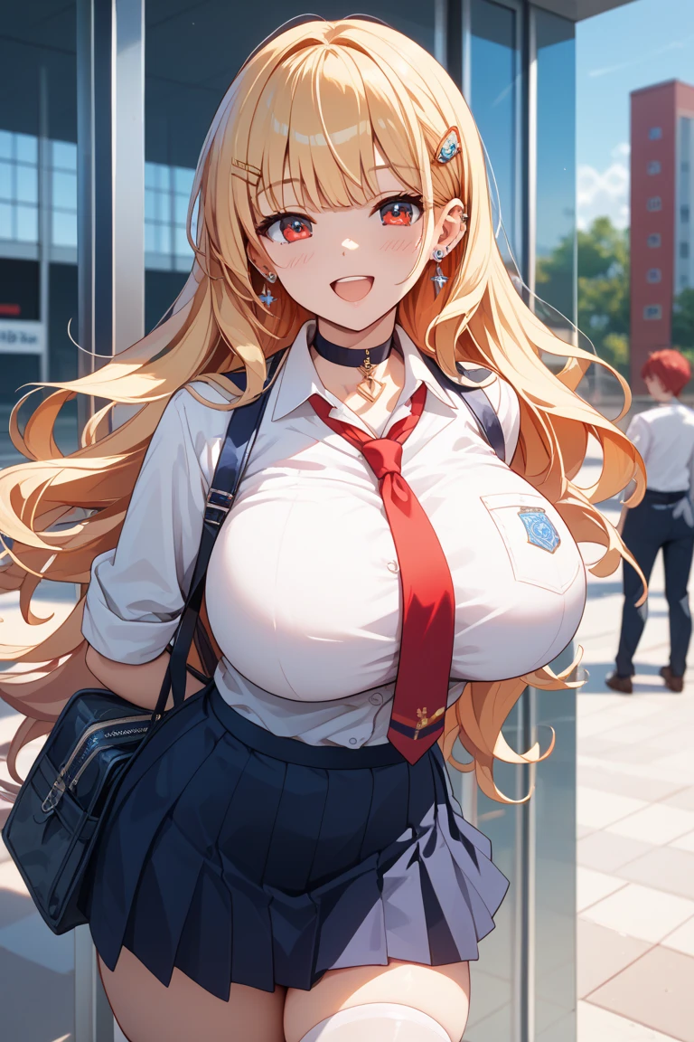 Anime illustration、High resolution、smile、A busty high school girl with huge breasts shows off her charms in a blazer in an alley at dusk、Ribbon tie、mini skirt、Perfect proportions、Cowboy Shot、Plump thighs、Sharp Eyes、Sweaty