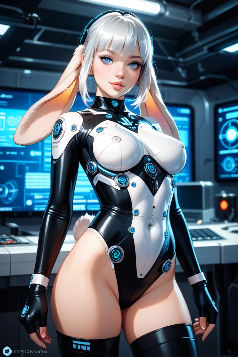 Nijilorabunny is of the best quality，Nijibot with rabbit ears，Wearing sci-fi armor，katana swords，cobalt bob cut，warm grin，Huge diamond necklace，Beautiful cobalt-colored eyes，Blonde girl，bunnygirl，In a Japanese anime style，Long-haired royal sister