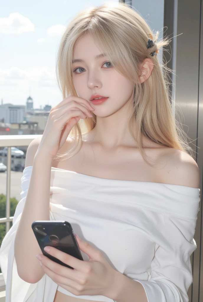 730717681 1 woman only, alone, blonde、shining beautiful skin、big bust、outstanding style, People neck blouse, historical western style building, best quality, ultra high resolution , bust, playful gesture、armpit sweat