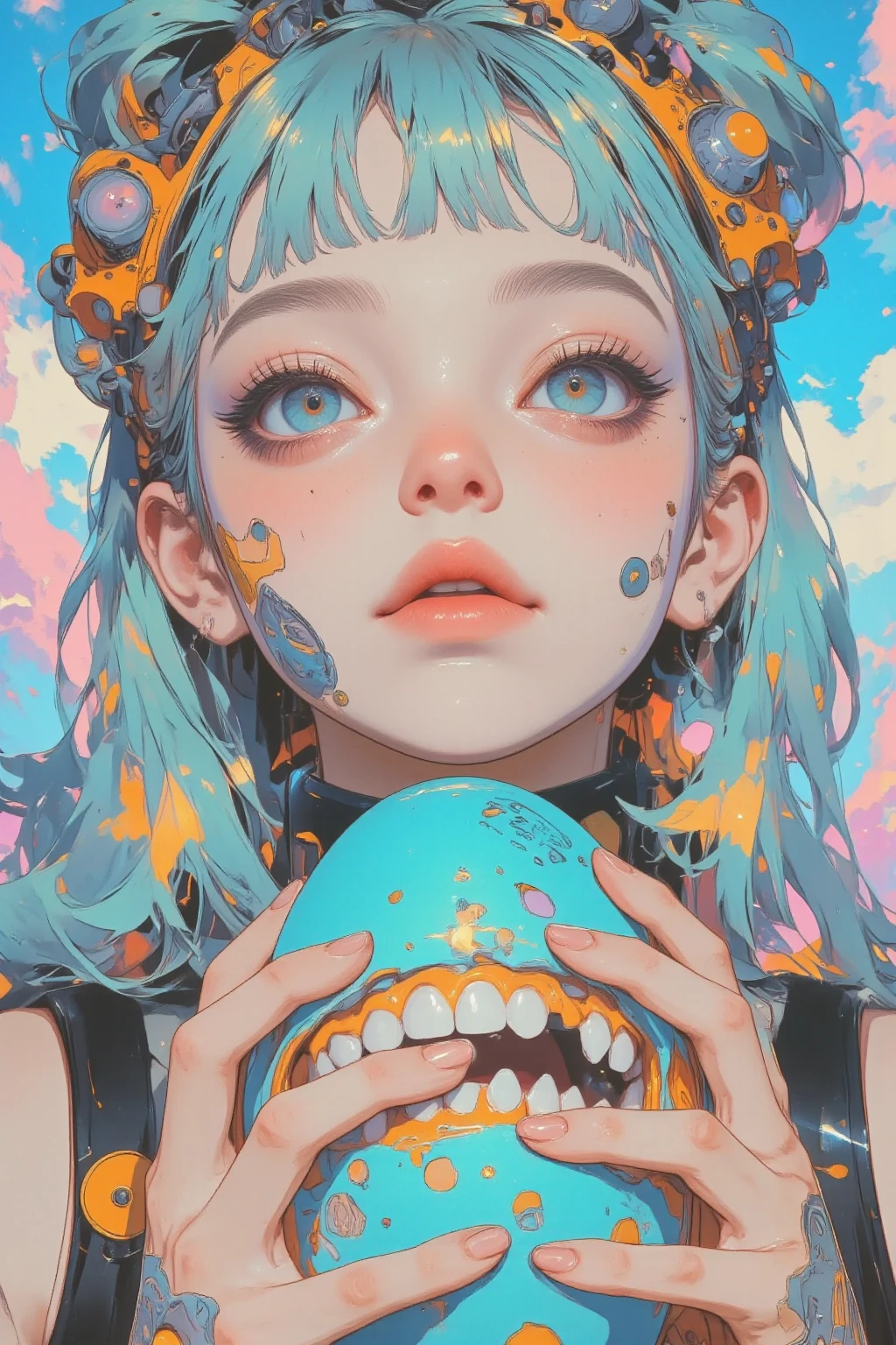 girl with turquoise hair and big sparkling blue eyes,playful expression,Her hairstyle is long, flowing hair and styling part of it into a high ponytail loosely bundled to add a dynamic touch,futuristic costume in bright pastel blue and orange tones,Decorated with quirky patterns and mechanical details,The character holds a large dinosaur egg with both hands、that egg has a mouth and white teeth and smiles,,  Cheerful Characters ,The girl has an active and whimsical personality,Watch Viewers,emphasizes it,energetic presence,The overall atmosphere is lively and fun,Highlight your cuteness,images of future explorers that highlight their cuteness, splash art anime, girl with turquoise hair,anime Moe art style, Cute Core, cute art style, vocaloid, Hatsune Miku,  cute anime , Official Artwork, cute girl,  inspired by Decora