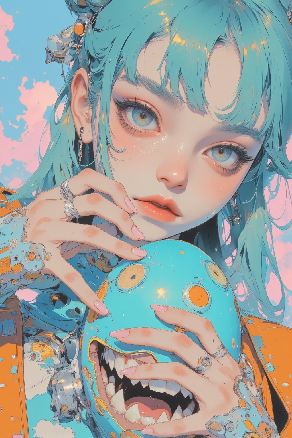 girl with turquoise hair and big sparkling blue eyes,playful expression,Her hairstyle is long, flowing hair and styling part of it into a high ponytail loosely bundled to add a dynamic touch,futuristic costume in bright pastel blue and orange tones,Decorated with quirky patterns and mechanical details,The character holds a large dinosaur egg with both hands、that egg has a mouth and white teeth and smiles,,  Cheerful Characters ,The girl has an active and whimsical personality,Watch Viewers,emphasizes it,energetic presence,The overall atmosphere is lively and fun,Highlight your cuteness,images of future explorers that highlight their cuteness, splash art anime, girl with turquoise hair,anime Moe art style, Cute Core, cute art style, vocaloid, Hatsune Miku,  cute anime , Official Artwork, cute girl,  inspired by Decora