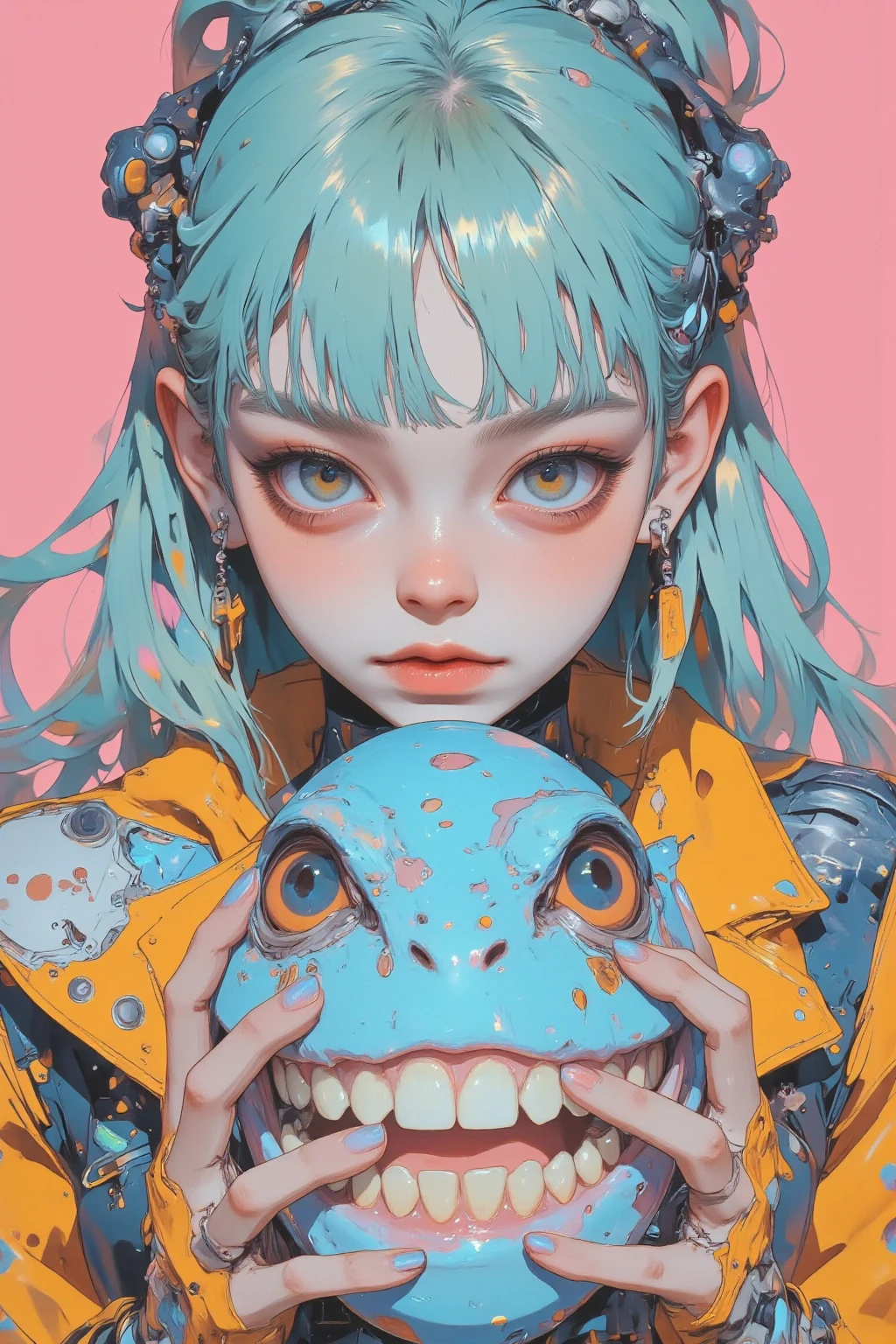 girl with turquoise hair and big sparkling blue eyes,playful expression,Her hairstyle is long, flowing hair and styling part of it into a high ponytail loosely bundled to add a dynamic touch,futuristic costume in bright pastel blue and orange tones,Decorated with quirky patterns and mechanical details,The character holds a large dinosaur egg with both hands、that egg has a mouth and white teeth and smiles,,  Cheerful Characters ,The girl has an active and whimsical personality,Watch Viewers,emphasizes it,energetic presence,The overall atmosphere is lively and fun,Highlight your cuteness,images of future explorers that highlight their cuteness, splash art anime, girl with turquoise hair,anime Moe art style, Cute Core, cute art style, vocaloid, Hatsune Miku,  cute anime , Official Artwork, cute girl,  inspired by Decora
