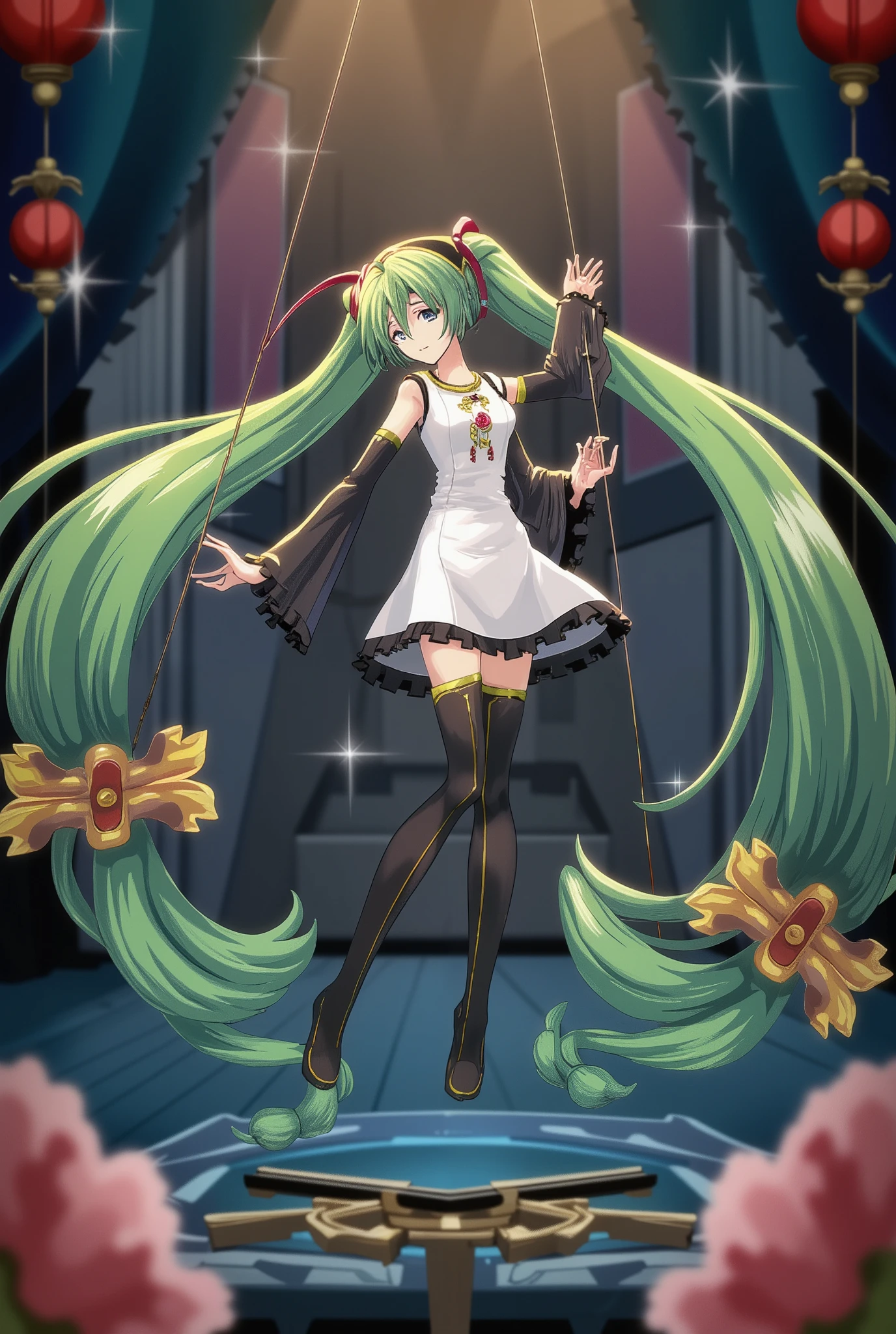 ( masterpiece、 best quality、 best quality、Official Art、 beautiful beautiful :1.2) Hatsune Miku、light green twin tails, beautiful breasts, masterpiece, best quality, high resolution, Skin Transparency, Skin Details, Eye details, facial features , 4K, 8k,(realistic, photorealistic: 1.3),(((threadあやつり人形))),((thread,thread,thread)),吊りthreadであやつる,full body,((marionette)),Spotlight,Ayaturi Puppet Theater,performance,Exquisite joints,threadの舞い,full body,Deformed Characters,little character caught by a hawk,Concept Art、marionetteを操るthread、少女はthreadで操られている