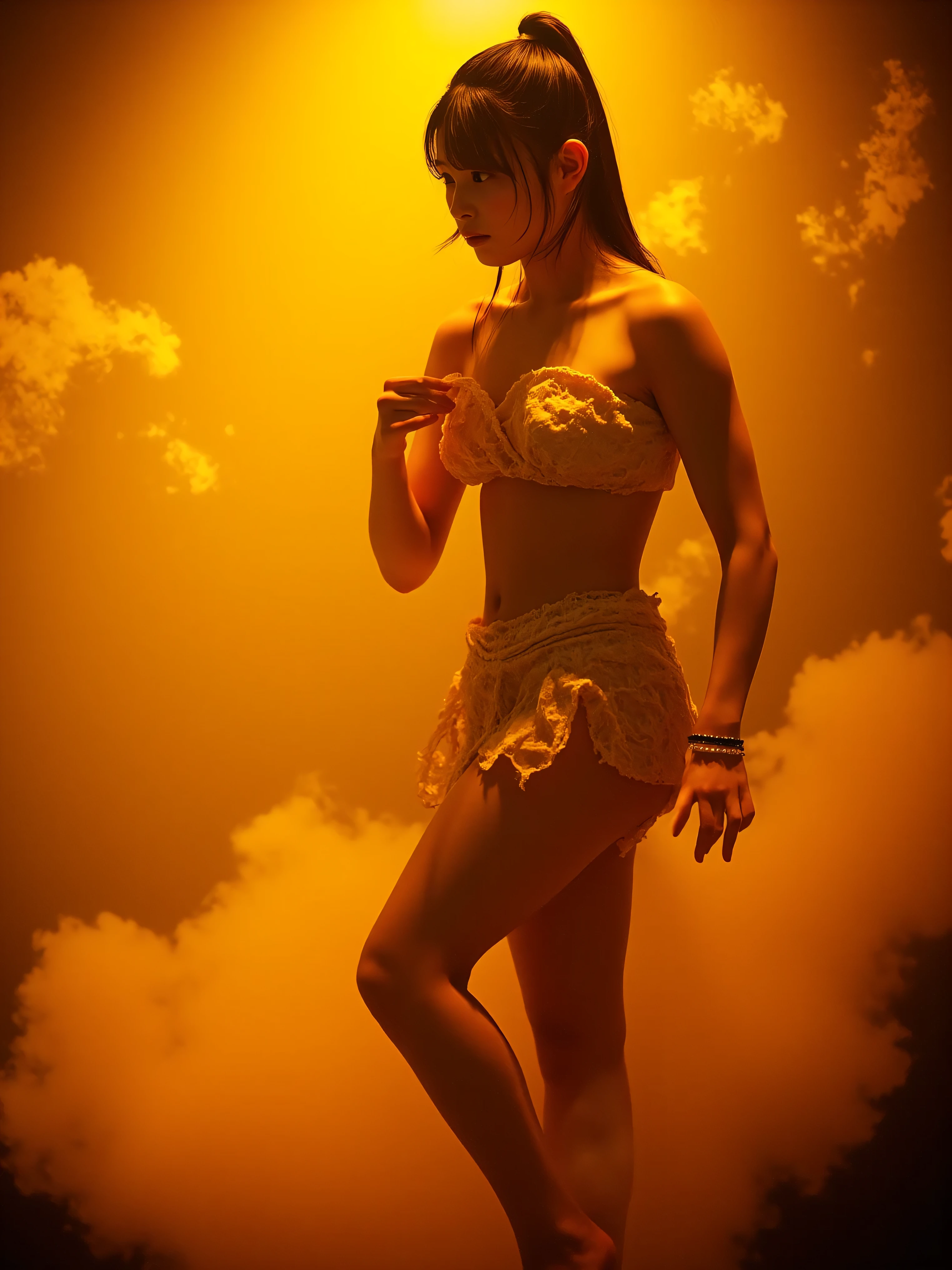 Beautiful woman、Very large breasts、Watching the audience、Resolve、A look of determination、Angle from below、Dim lighting、Dark room