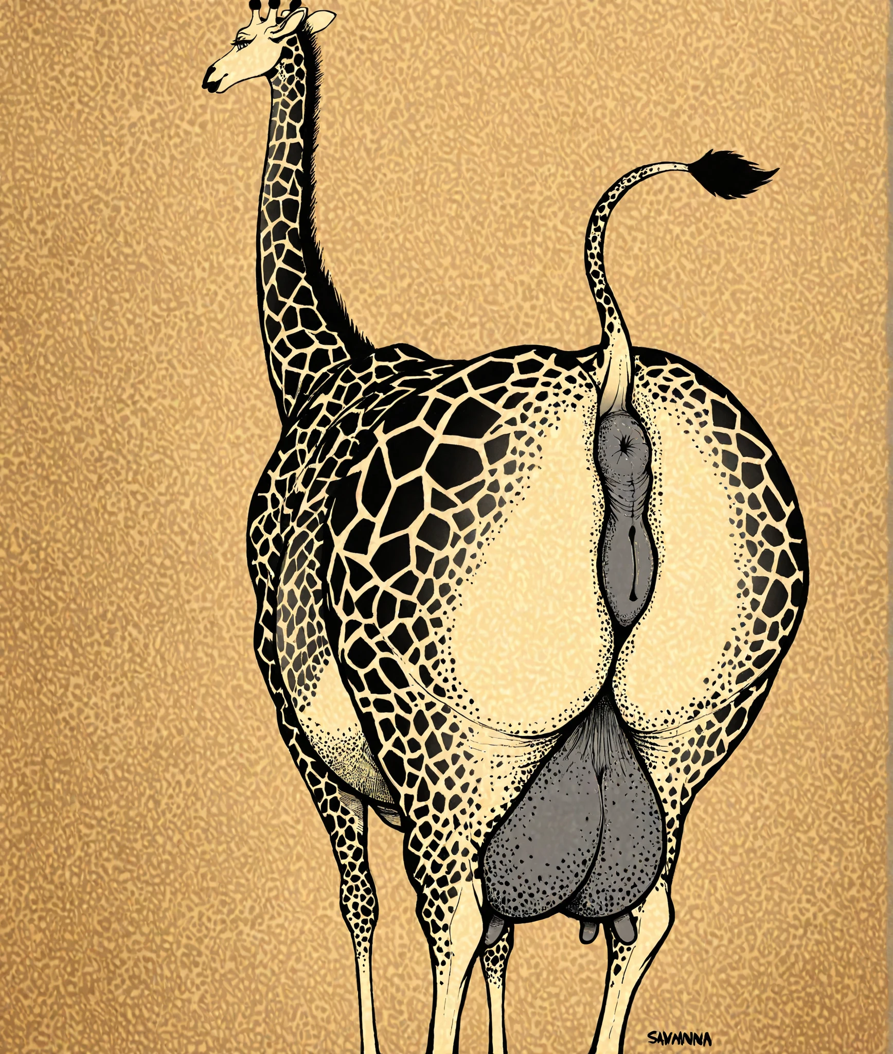 solo,furry,anthro, naked, standing, female, Giraffe, big curves, front view, hands behind back, huge ass, huge breasts, plain background, by ivlirror, by Izrez, e621