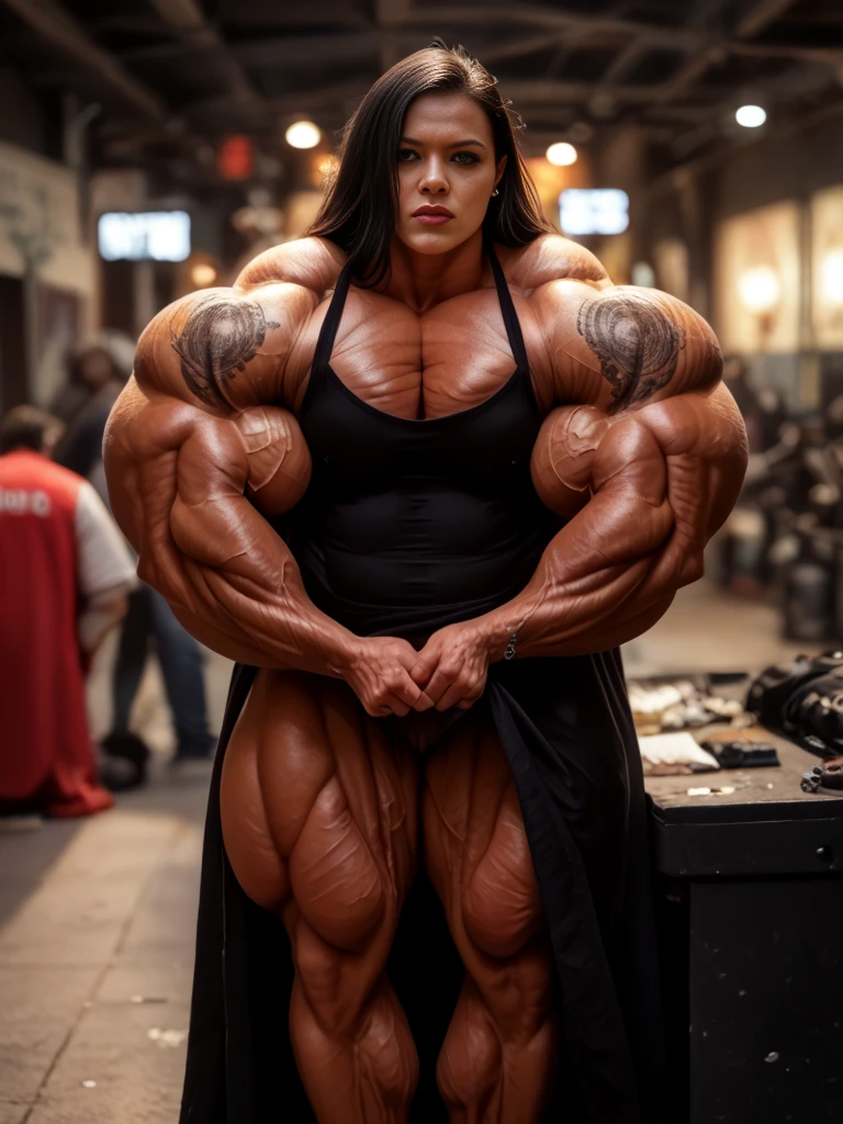 1girl, solo woman, alone, woman, ((long red hair)) (((bimbo))),full body, hoop earrings, puffy lips, painted lips, thick lips, wide hips, thick thighs, ((((((Massive Female Bodybuilder)))))), ((((huge breasts)))), ((wide shoulders)), ((((NSFW:0.9)))), Nightlife, futuristic cityscape. Neon lights, (skyscraper), Tokyo tower, palm tree, cloth sign, night club. bright city lights, bar, ramen, soup stall