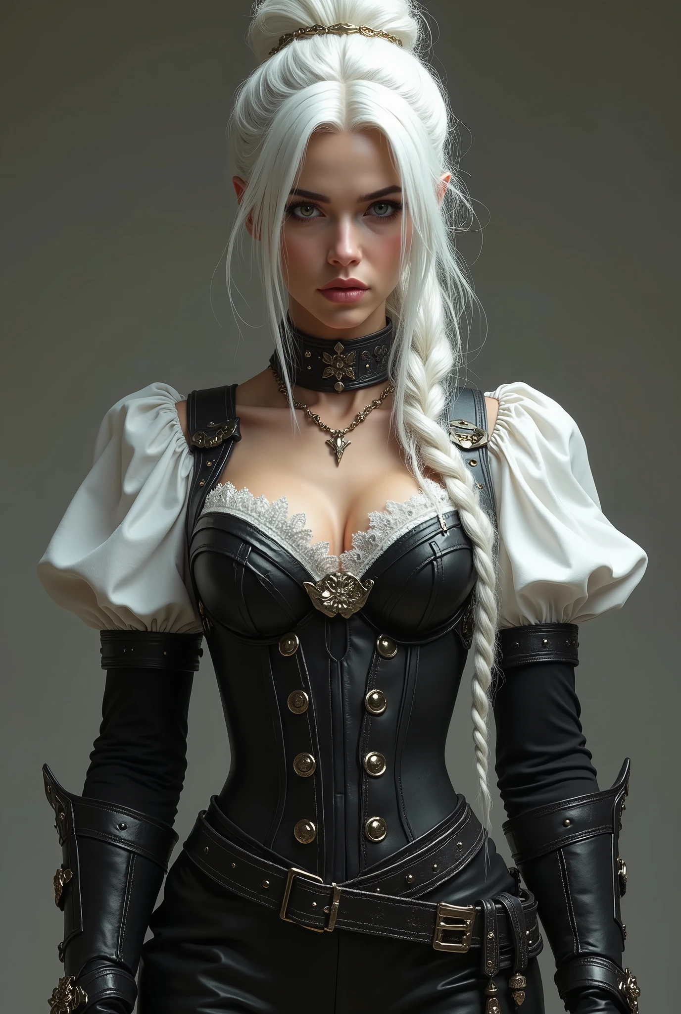 It rises with imposity, a presence of undeniable, dressed for combat so much as to impress. Your hair, of an almost ethereal platinum white, are attached to an elaborate bun, with some loose locks that frame her face with fine lines and serious expression. O A cold and direct look seems to cross any resistance, as if you could read intentions with just a blink. The bust is surrounded by a white blouse of fine fabric, puffy sleeves that end up attached under leather armor. The neckline is deep, but elegant , revealing security and not vanity. Above the blouse , she wears a tight black corset with front cords and metallic details, who highlights her upright posture and strength in the center of the body. A short cloak covers her shoulders, protection with a black leather collar that transmits both nobility and ferocity — a contrast between luxury and primal instinct. The leather sleeves of the armor are connected with black gloves, reinforced for combat, each piece fitted with buckles and seams that denounce the meticulous craftsmanship behind the. The pants are tight, of black leather, moulding to the legs with perfection and functionality. They are adorned with straps, rivets and visible seams, revealing strength and flexibility. The high boots, equally black , go up to the knees, reinforced by several layers and buckles that complement the overall aesthetic of a warrior prepared for any terrain or situation. do it full body.