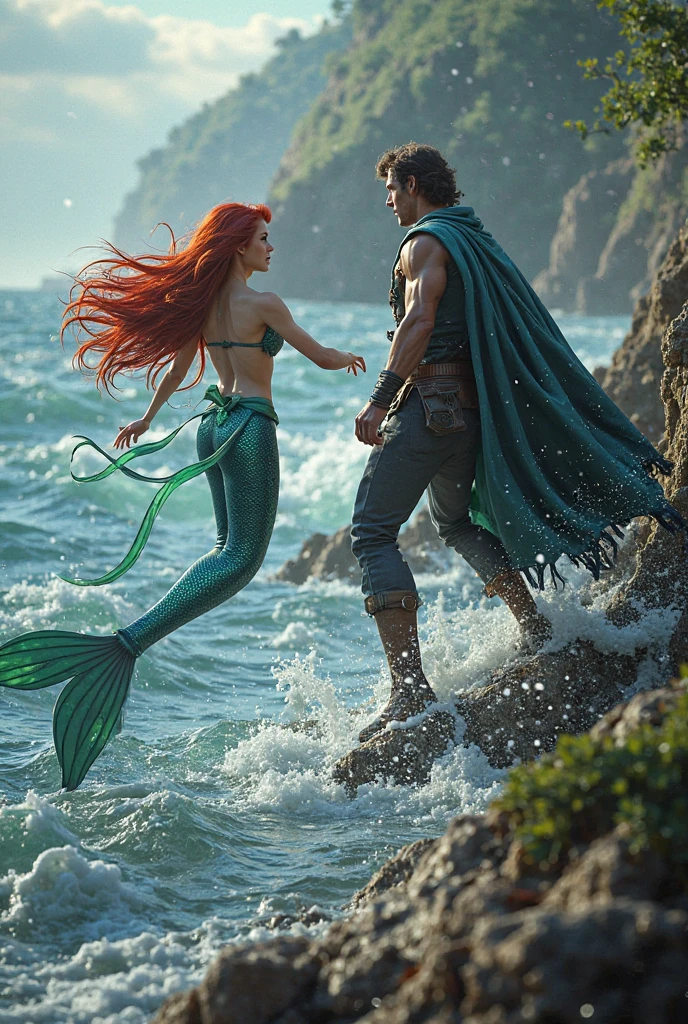 Some fishmongers catching fish and Ariel seeing that with fear on his face 