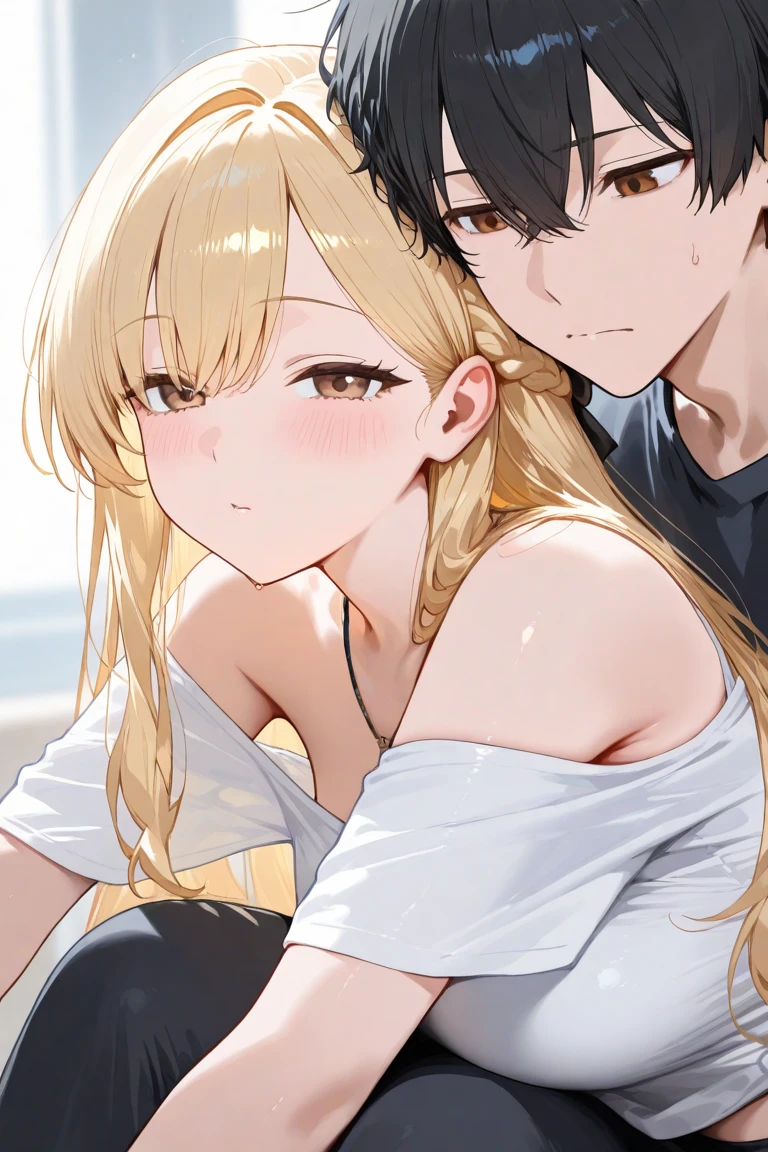 Girl and boy, couple,duo, face to face,hug,closed eyes, stand up,(boy with blonde hair,short hair,black t-shirt, black trousers,messy hair) ,( girl with blonde hair,long hair,black t-shirt,Black mini skirt, big breasts)
