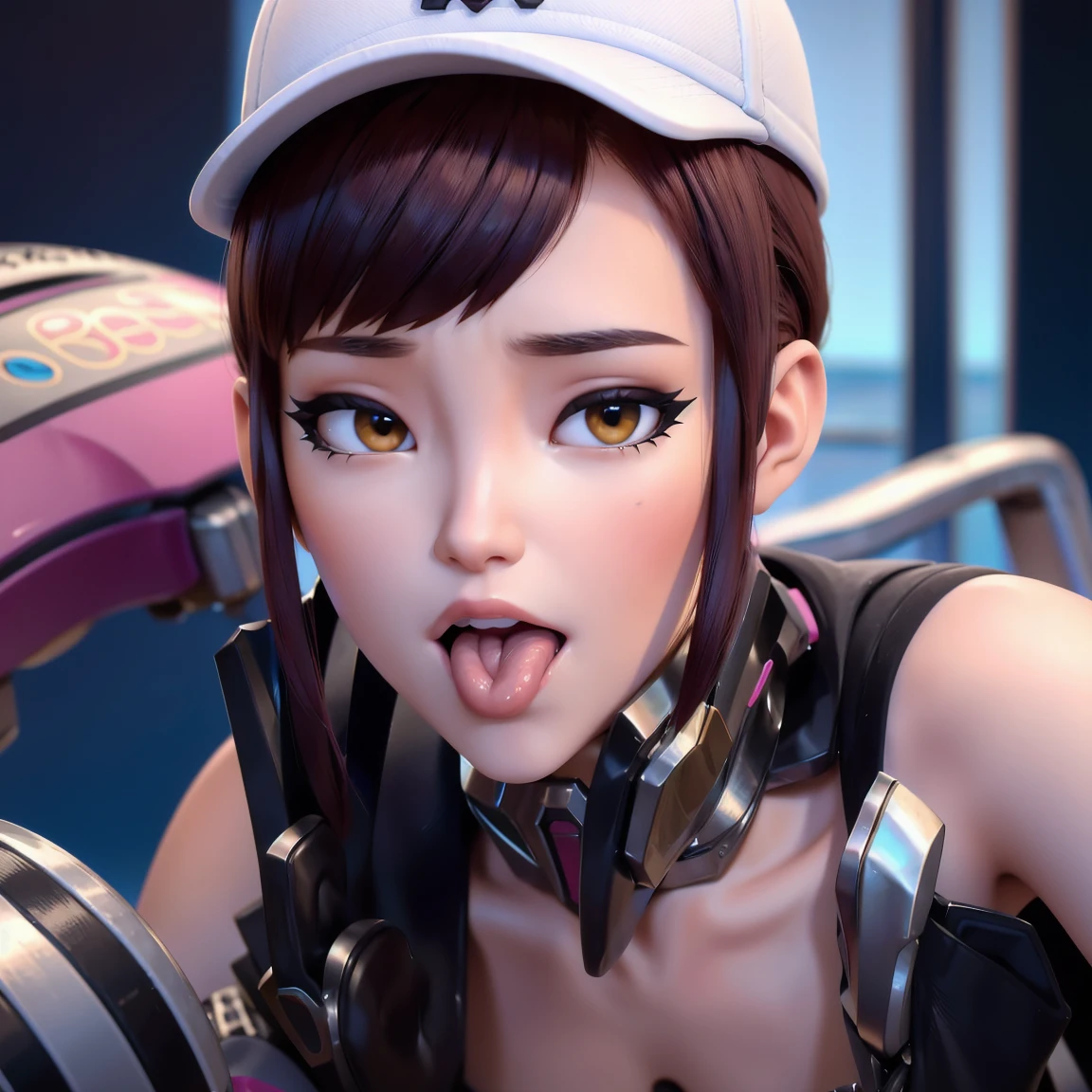 Masterpiece, Best Quality, High Resolution, 1Girl, Ultra High Resolution, Solo D.VA, Headphones, Pink eyes, Brown Hair, White Gloves, Face Decoration, Full Body Shot, Cute, Realistic, Cute Pose, Perfect Body, Cyber Punk background, wet street, Crop Top, Latex leggings, nsfw, cum, sexy, blowjob, sweat, (fellatio:1.4), adorable eyes, ((abs))