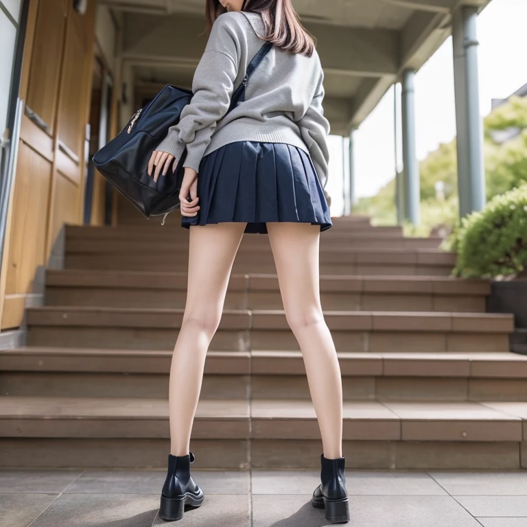 Top quality, high image, 1 woman, 18 years old, school stairs, black jacket, Medium breasts,white blouse,(plaid miniskirt), cotton panties,upskirt,from below1.3