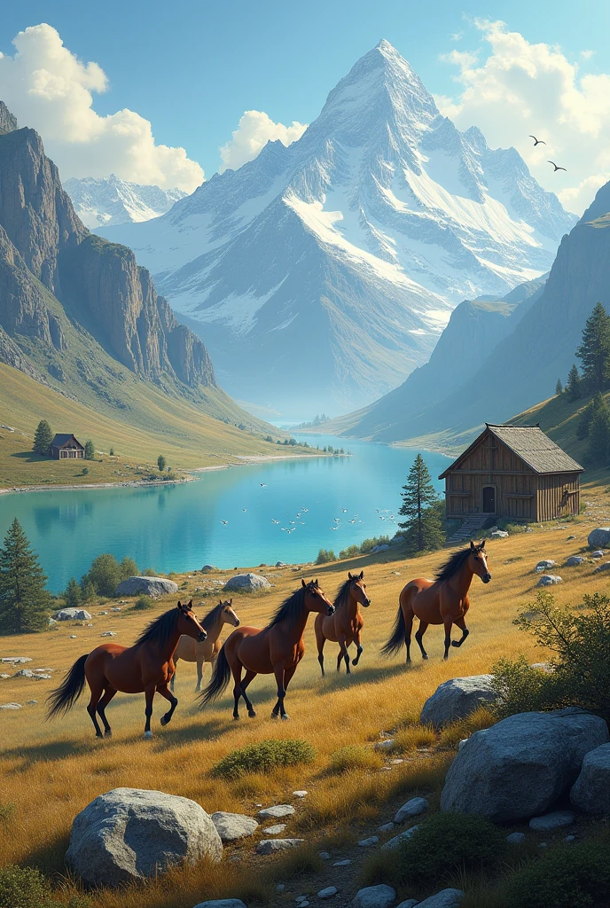 Create an image of a mountain landscape with some horses and an extinguished campfire., where you can see a natural wealth with a large lake in the background