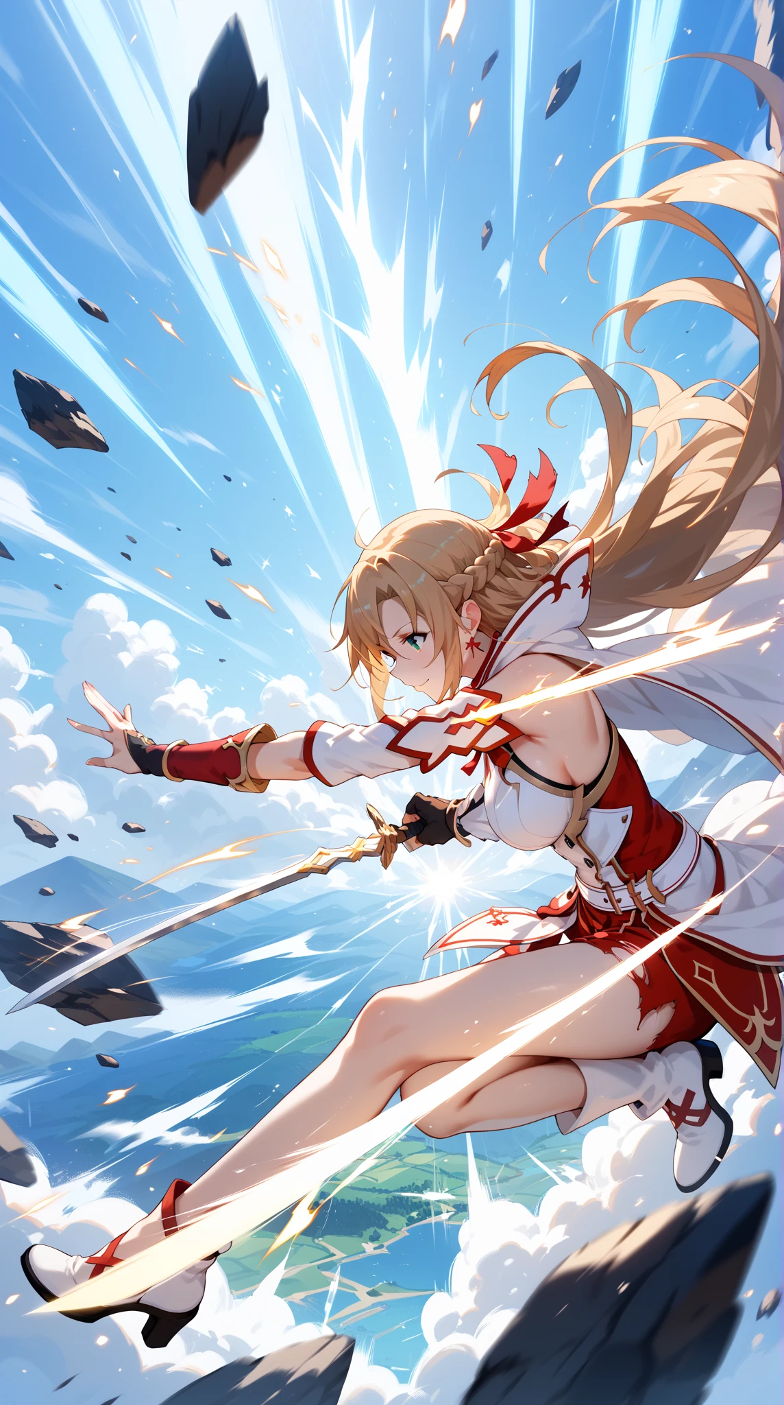 Score_9, Score_8_up, Score_7_up, Score_6_up, Score_5_up, Score_4_up, 

Asuna Yuuki - Sword Art Online,　beautiful female swordfighter mid-battle, cinematic anime style, explosive and glowing sword slash effects, dynamic motion blur, high-speed movement lines, scattered sparks and light trails, intense particle bursts, torn and fluttering outfit with battle damage, dramatic lighting with high contrast, ethereal glow around the blade, powerful energy arcs, magical shockwave ripples from impact, dust and debris in air, intense expression, graceful but fierce posture, flowing hair caught in the motion, high detail rendering, immersive and atmospheric action scene, inspired by cutting-edge anime fight choreography