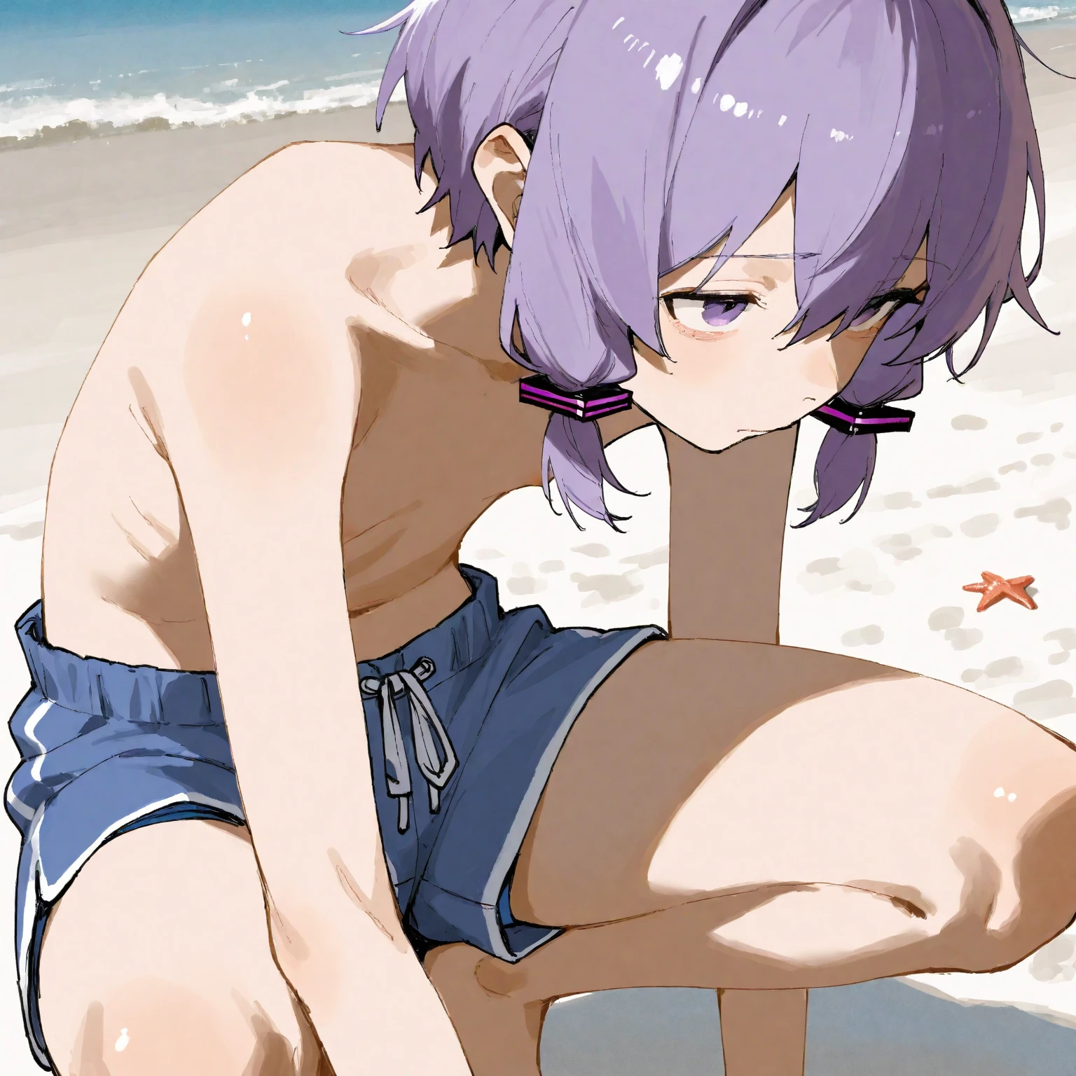 NSFW,masterpiece,Highest quality,High resolution,Very detailed,Helena Blavatsky\(Fate/grandorder\)、Purple Hair、short hair、(Purple eyes:1.1),(High-quality bikini),Small breasts,beach,Palm tree,Rock Shade,(Ecstasy face),(Lustful face),Melted face,blush,(Young men),(Have sex),On all fours
