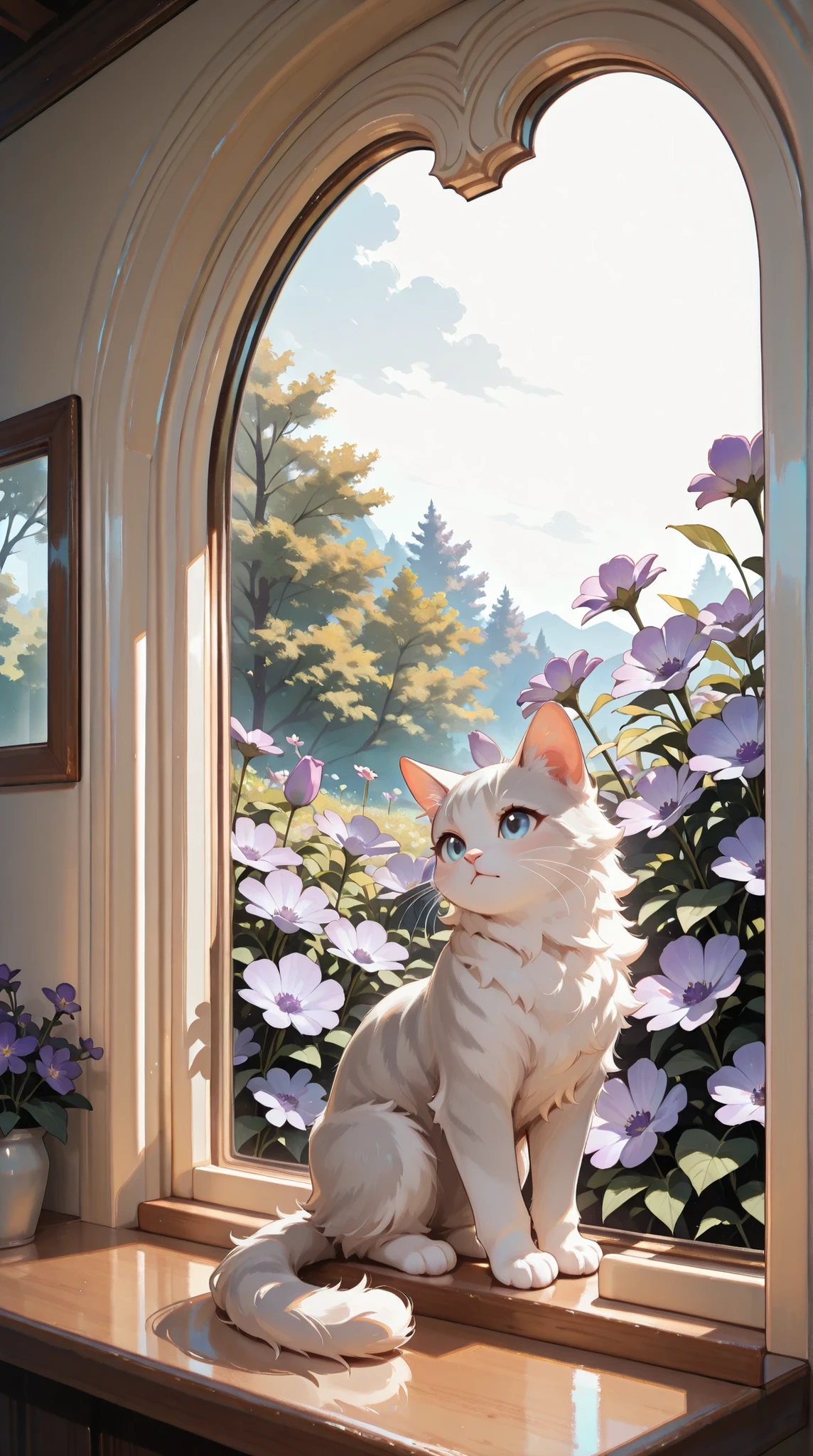 A fluffy, light gray and white cat with large blue eyes, sits in a sun-drenched window seat framed by pastel purple flowers, exuding a soft, dreamy aesthetic with a painterly, detailed style.