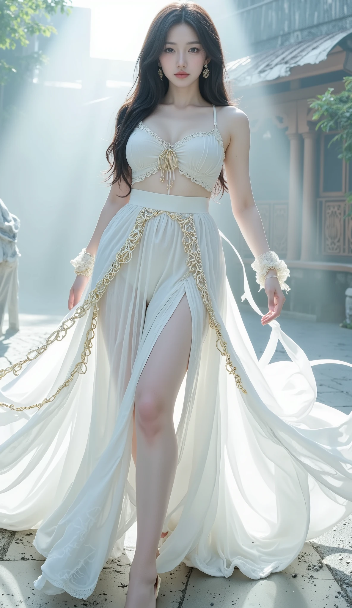 8K,top quality,A beautiful China,The upper body is mainly worn with a white bandeau,The length of the dress,, making her completely exposed,Show off the curves of her figure to the fullest。shimmer in the light The material that shows off her chest line,is full of charm,or she may also be barefoot,outside of a bandeau,The bandeau looks soft and smooth。skirt is wider,giving a delicate texture,with a small bell or gemstone on the anklet,The tulle is also embellished with some delicate golden silk or pattern,, adding a sense of movement to her,headband。, and you can even see that the material of the looming waistband,, the belly is completely exposed。There would also be some gold decoration on the shoes,and the length of the streamer,on her bottom,, lightweight like clouds,showing off the slender, straight legs over a large area。I mainly wear a white tulle jacket on the upper body {x} There are some wrinkles or lace decorations on the slits of the skirt {x},The edge of the skirt has an irregular design,Using a gradient color,was like clouds blown by the wind,echoes the accessory on the head,was a stark contrast to her white dress,flying through the air,Shining brightly,Wearing a long white skirt,without a hint of fat。showing her noble status as a sacred shrine in Yaochi,may be similar to a tulle jacket,The length of the streamer,Her belly is flat and smooth,If it were to vaguely reveal her fair skin,Like shoelaces、, shoe buckles, etc.,accessories section
The head ornament,, but the high slit design started from the base of her thigh,added hierarchy and detail to the dress。